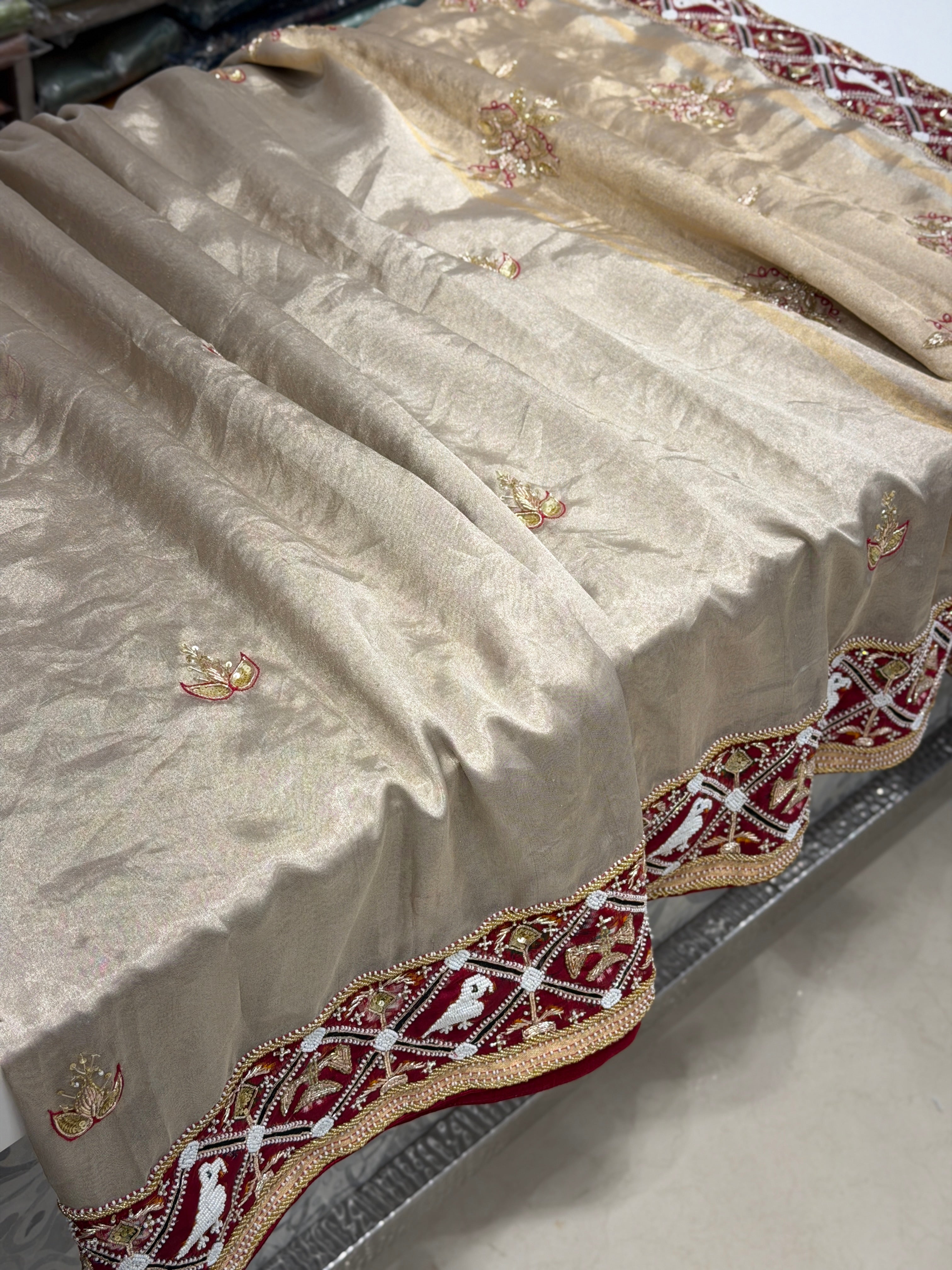 Silver Tissue Patan Patola Border Hand Embroidery Fusion Saree