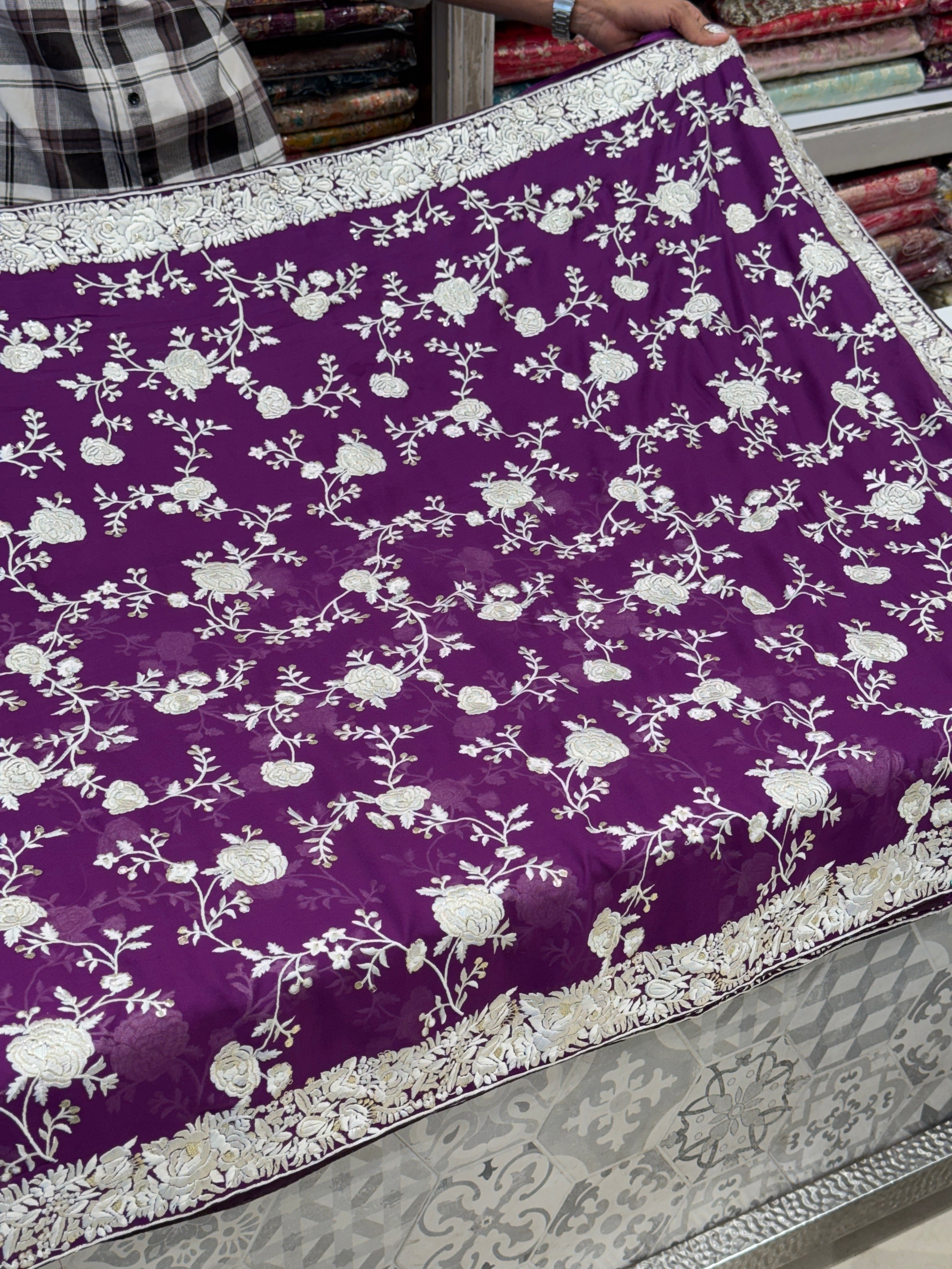 Violet Floral Parsi Gara Jaal Saree