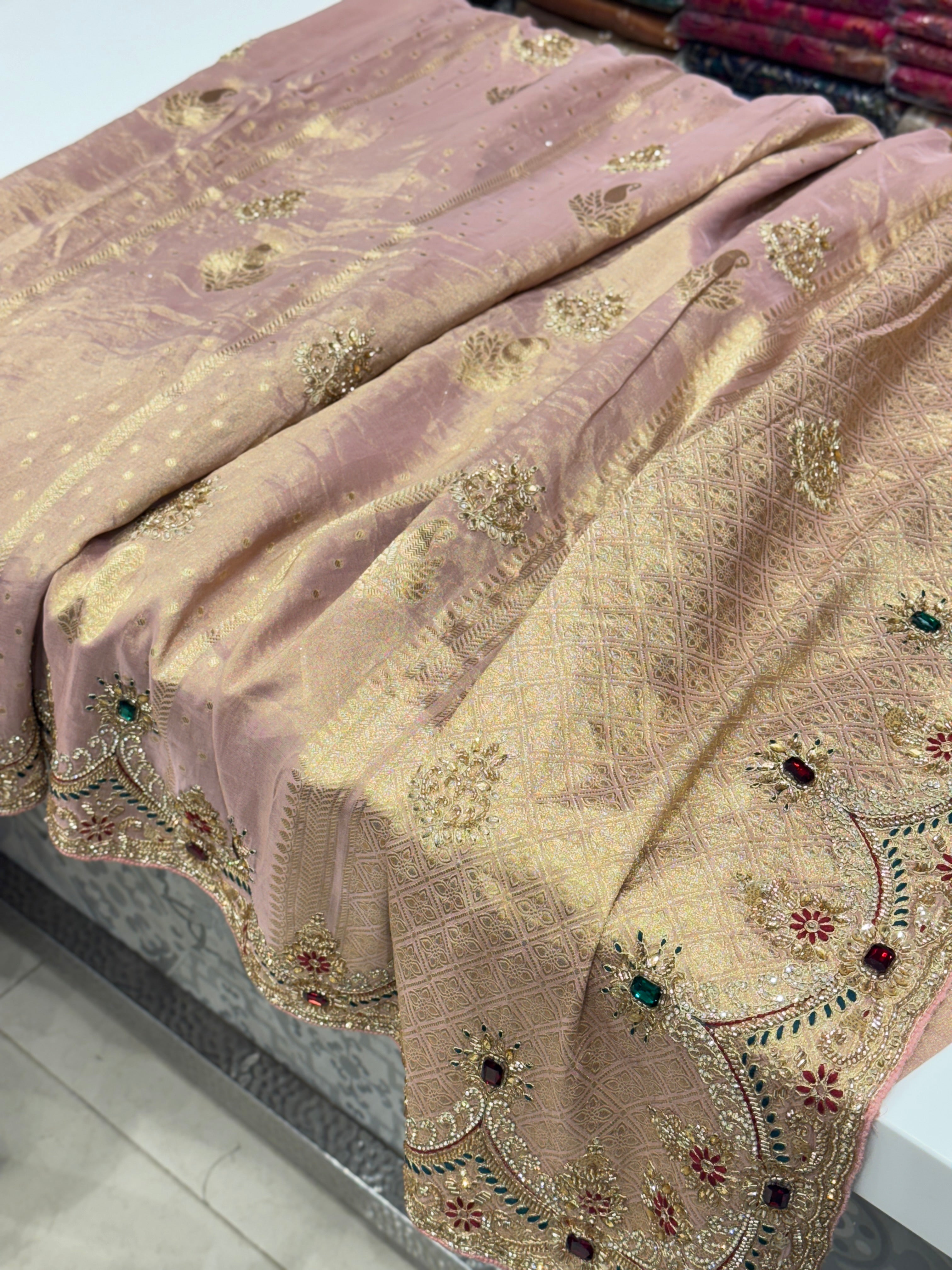 Pink Weaved Golden Silver Soft Tissue Pita Crystal Scallop Embroidery Saree
