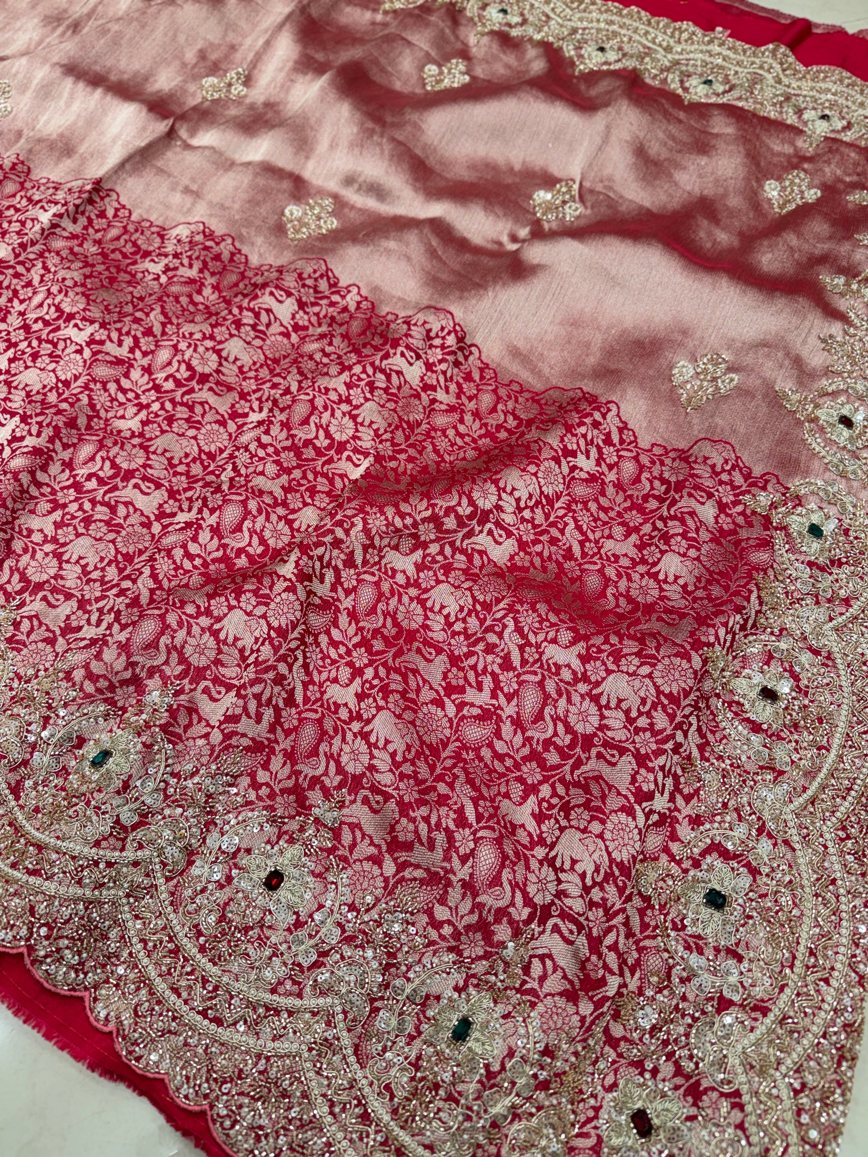 Red Shikara Munga Tissue Embroidery Saree