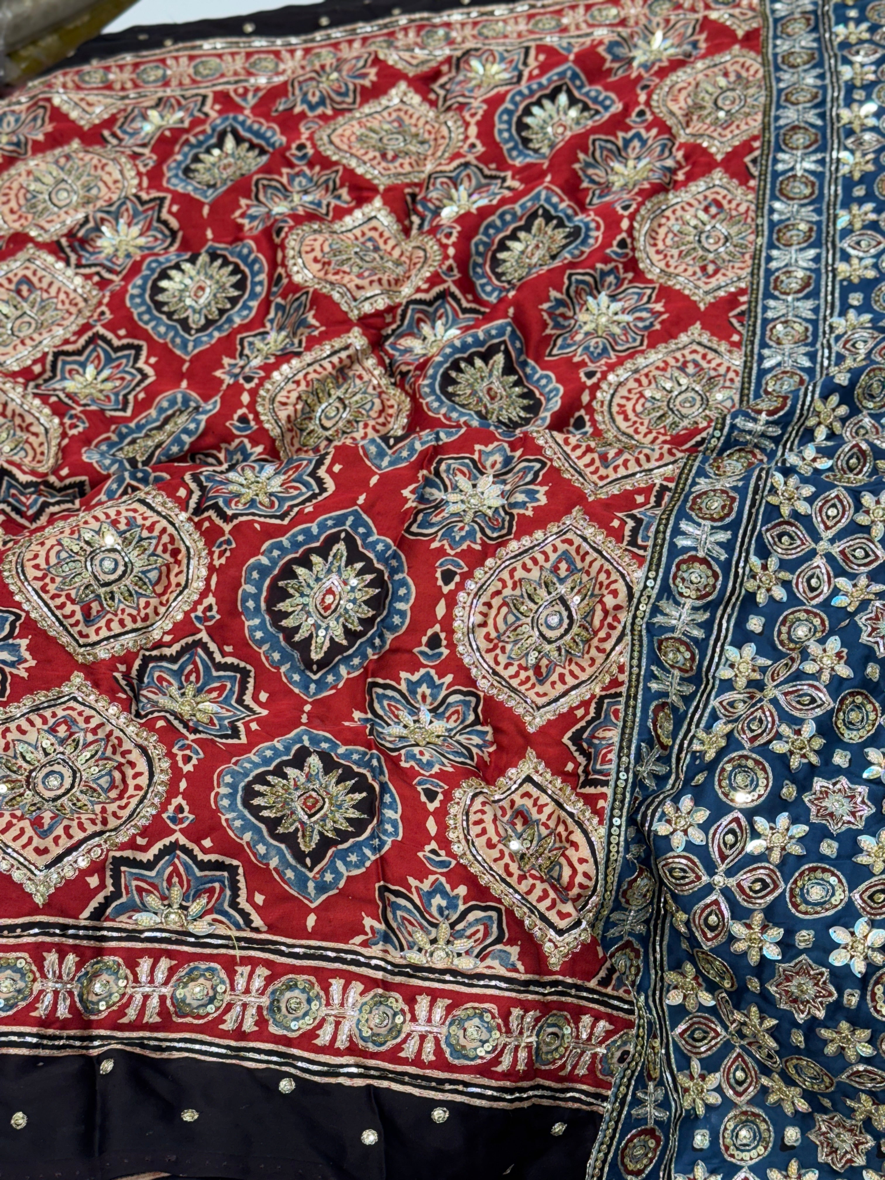 Red Blue Pallu Badam Jaal Ajrakh Hand Embroidery Saree