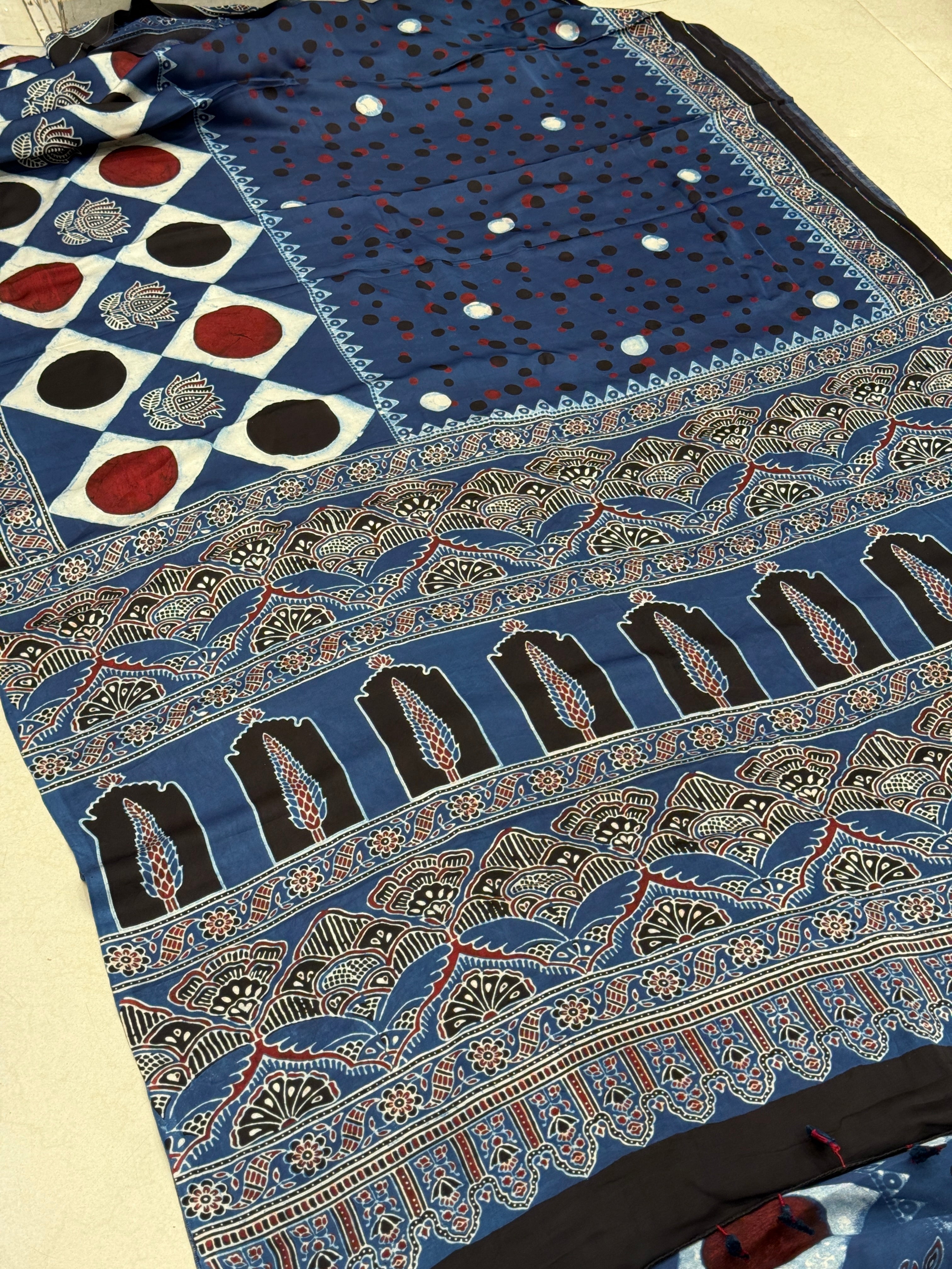 Blue Polka Dots Ajrakh Block Print Hand Pure Gajji Silk Saree