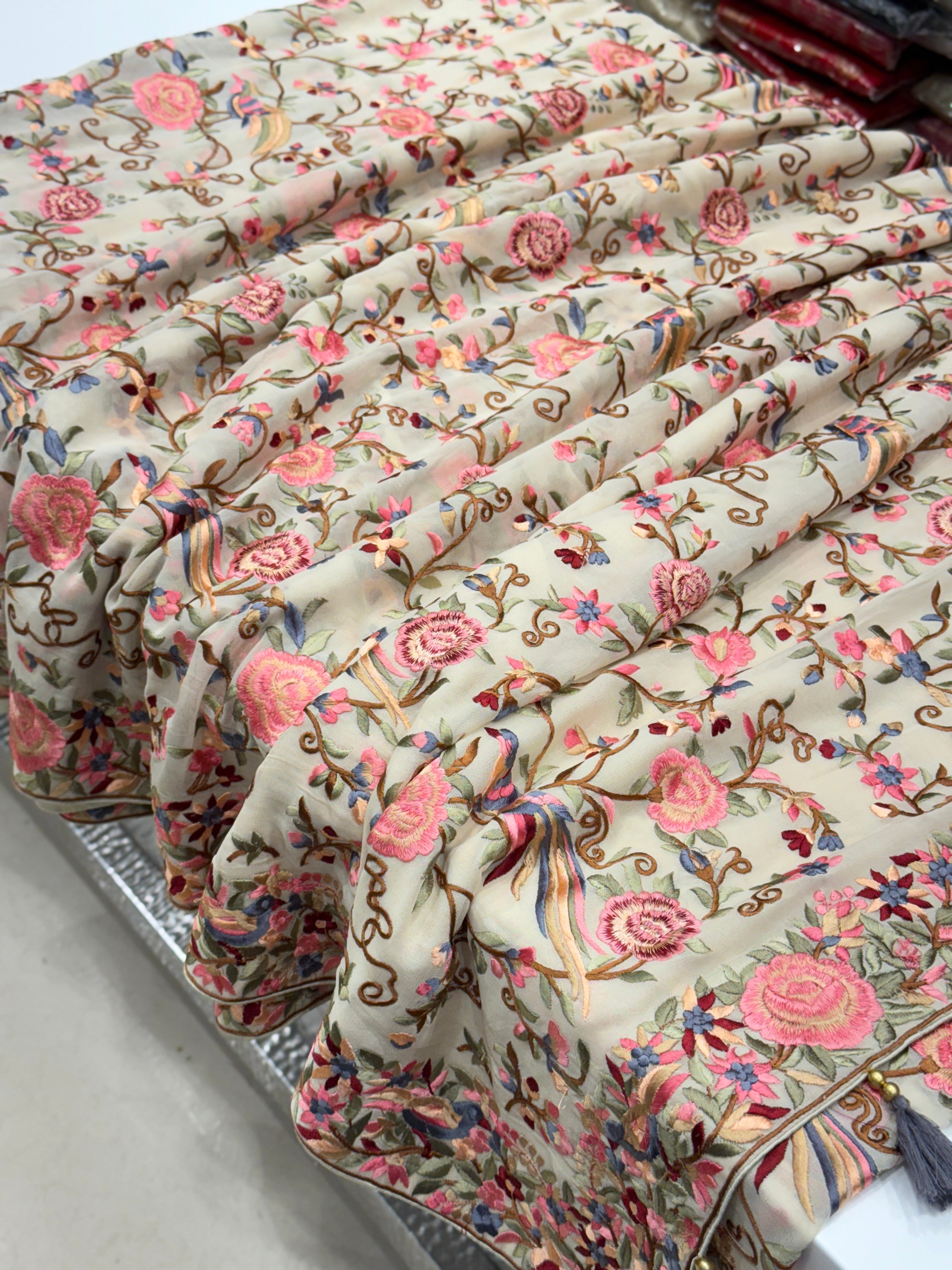White Georgette Multi Colour Jaal Flamingo Parsi Gara Saree