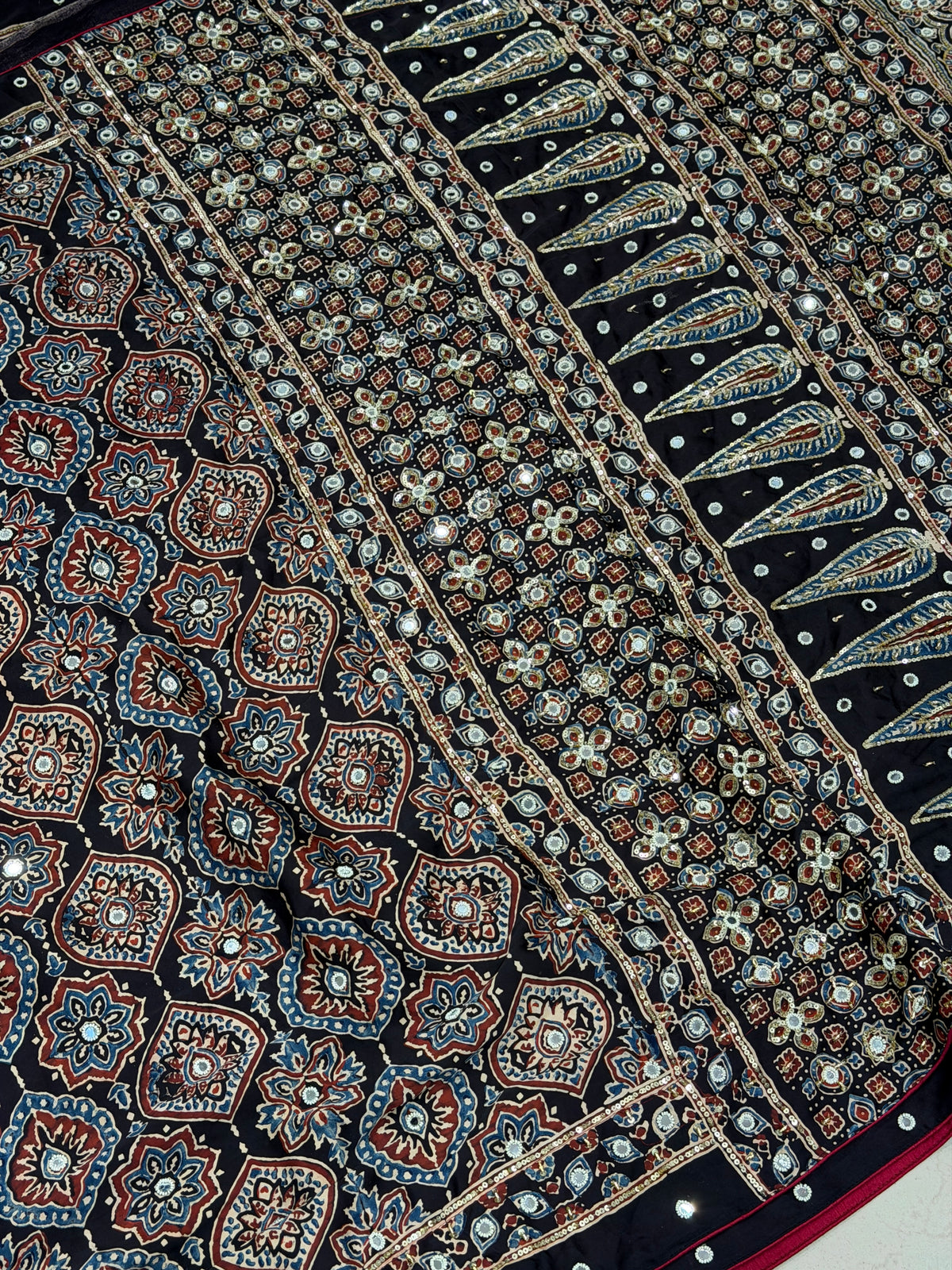 Black Badam Jaal Ajrakh Real Mirror Moti Sequin Hand Embroidery Saree