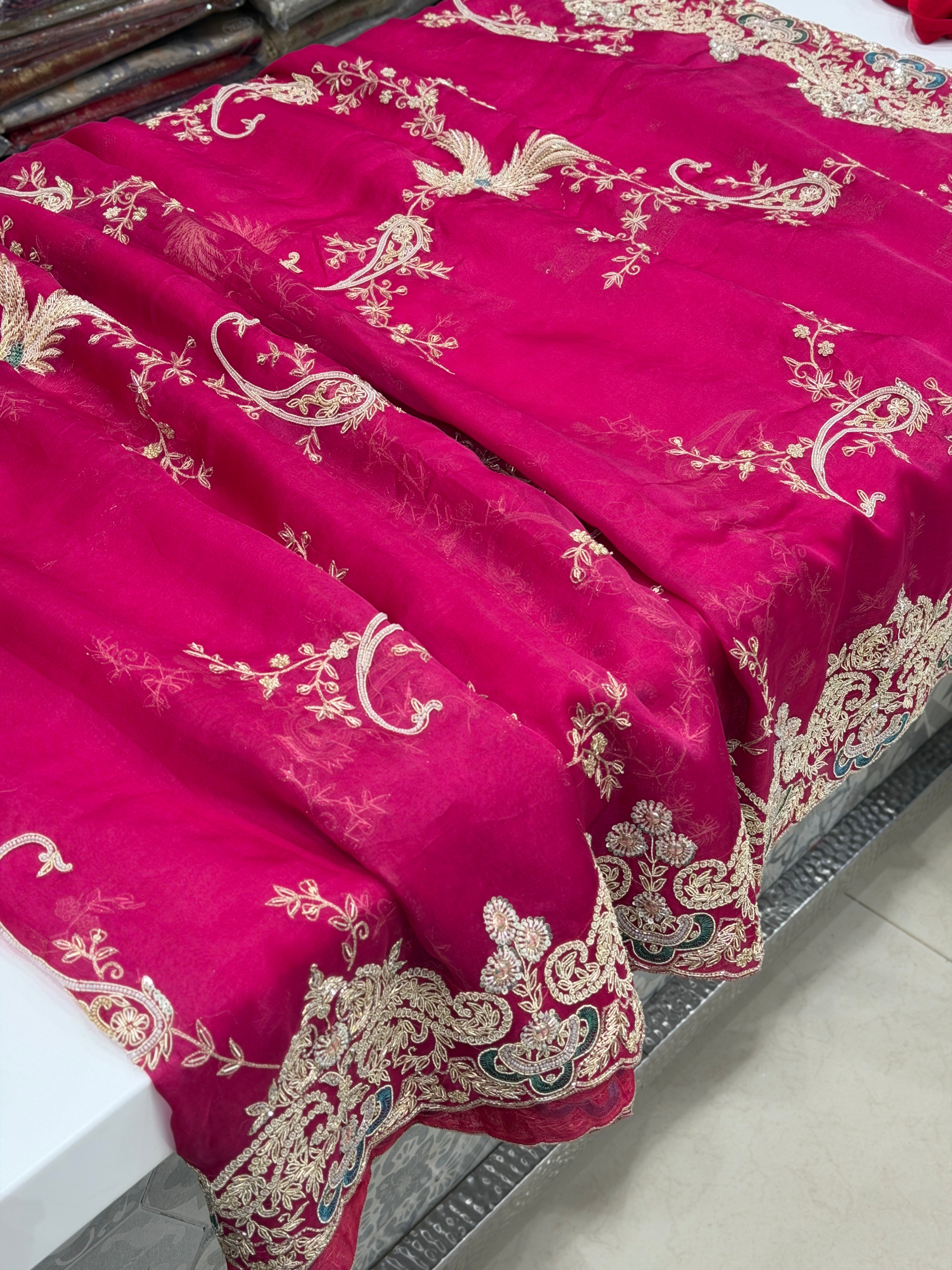 Rani Pink Organza Zardodi Phoneix Jaal Hand Embroidery Saree