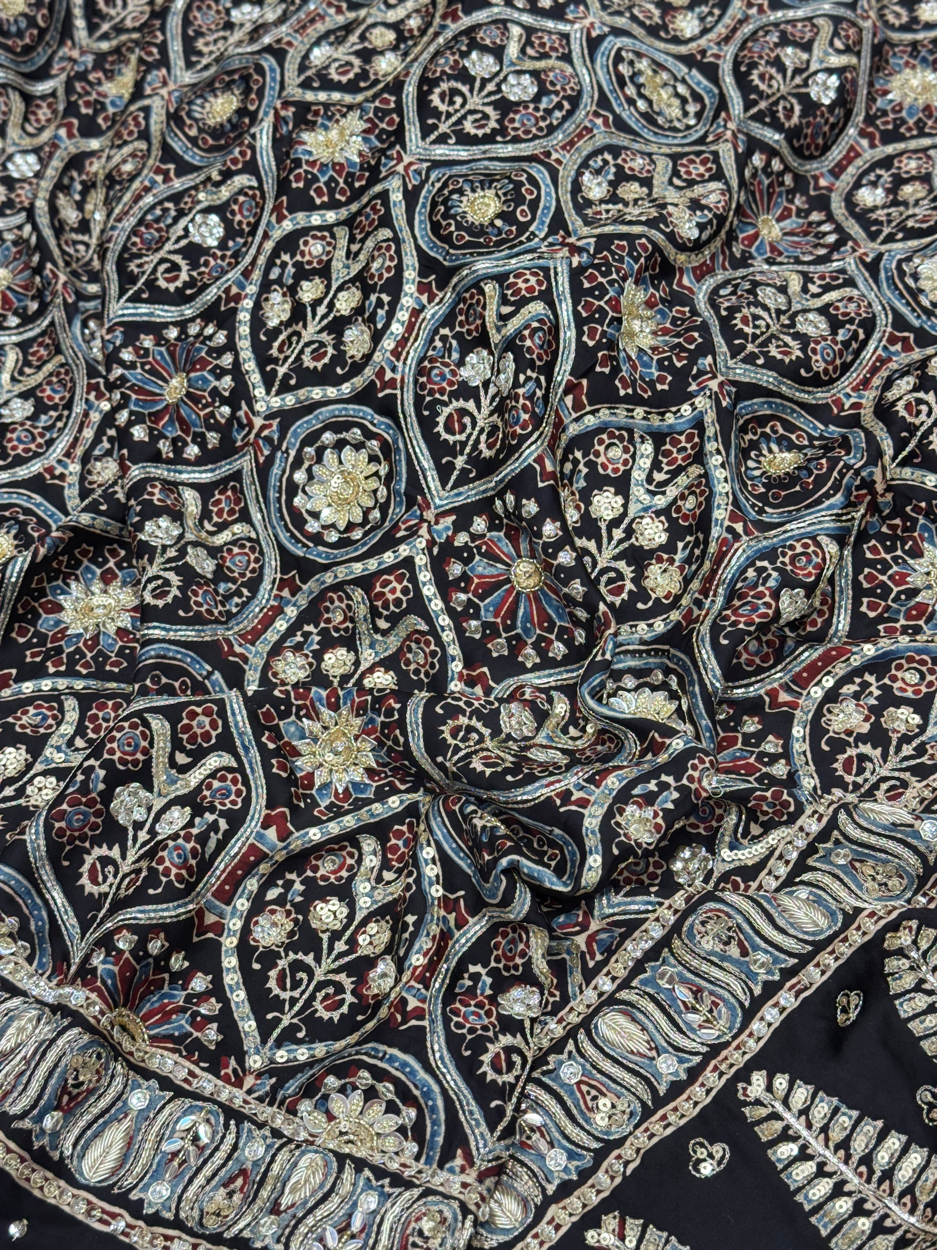 Ajrakh Black Badam Jaal Hand Embroidery Zardosi and Pita Work