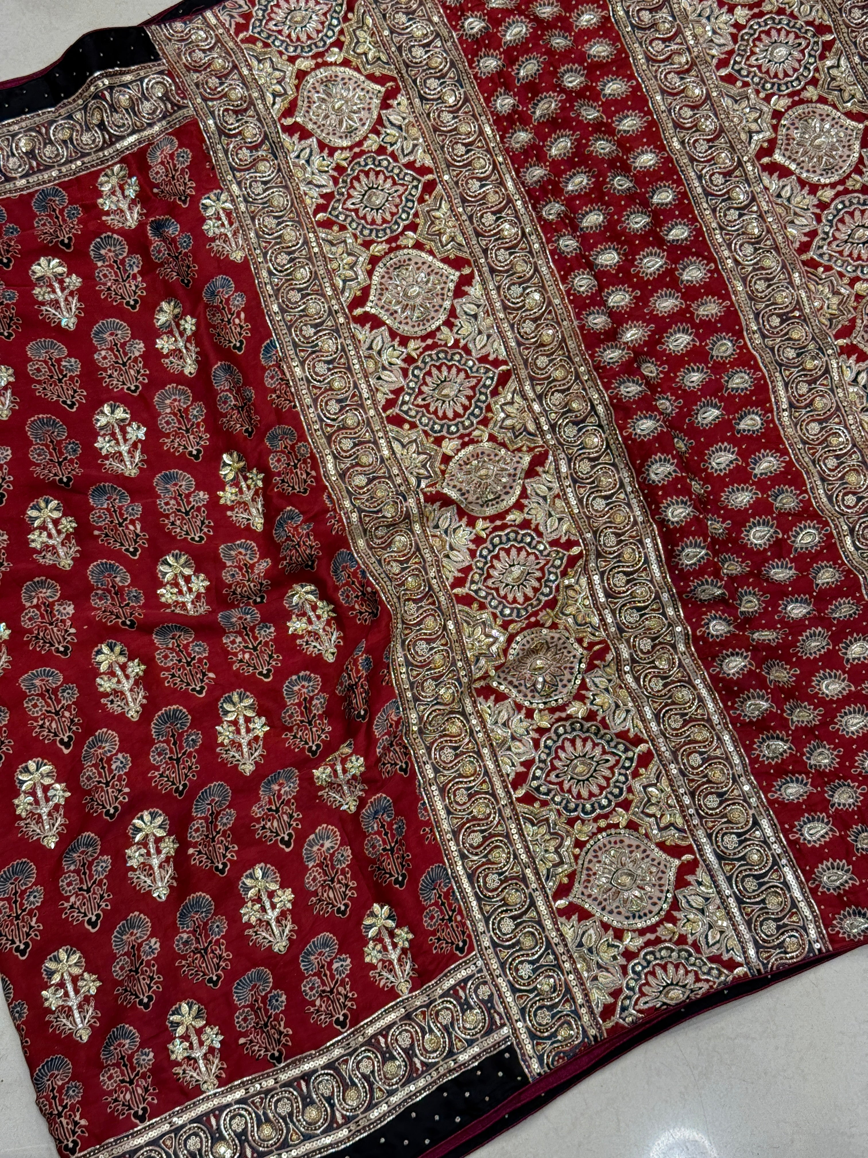 Red Buttis Pita Zardosi Sequin Ajrakh Hand Embroidery Saree