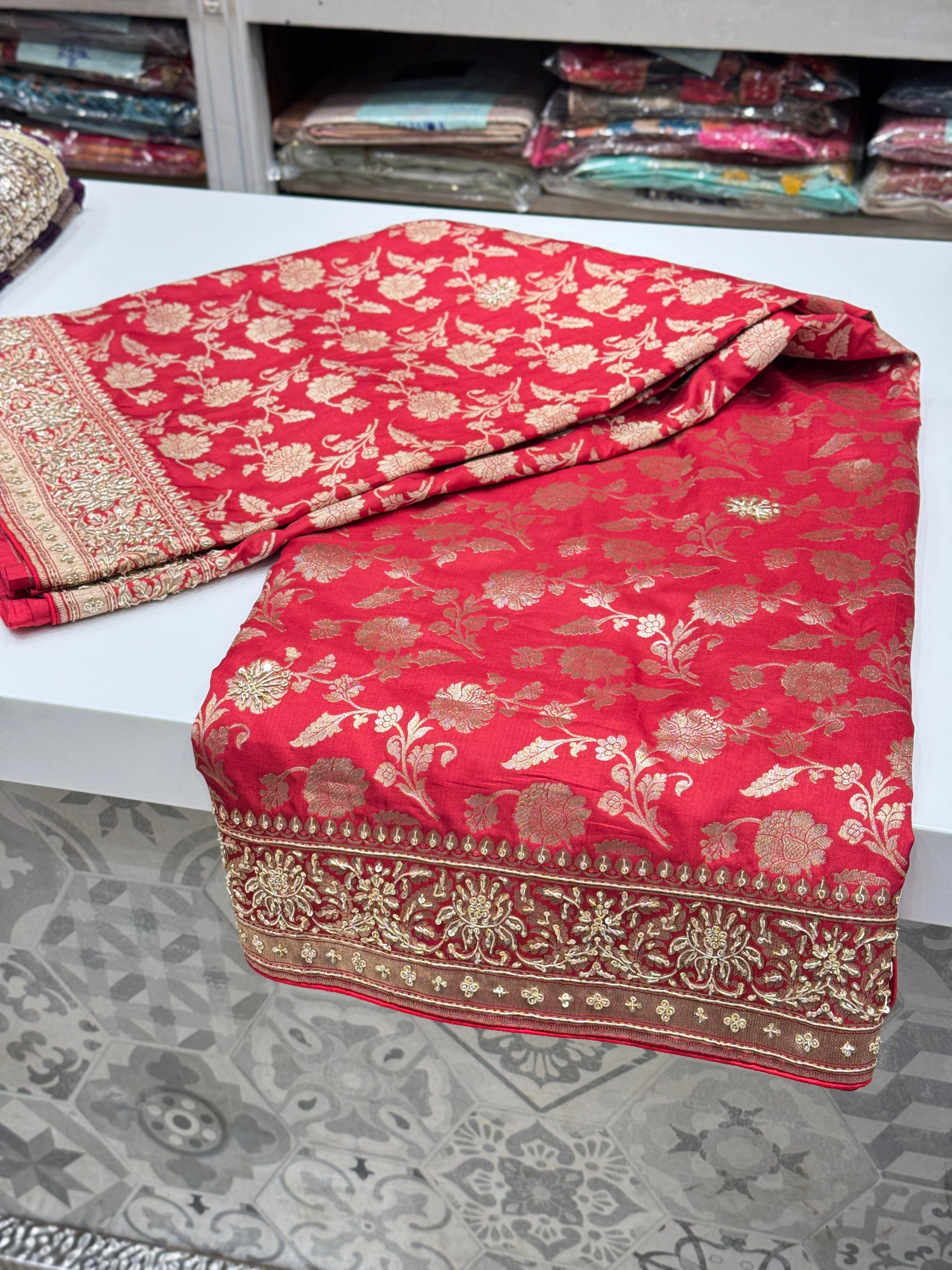 Red Banarasi Handloom Katan Embroidery Saree