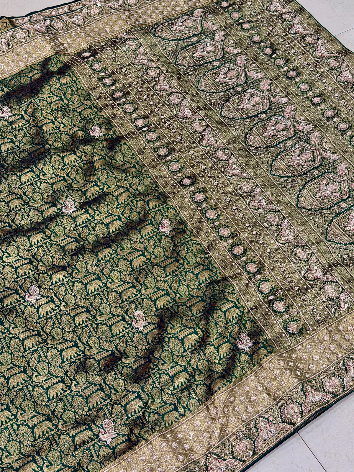 Bottle Green Kanjivaram Peacock Motif Hand Embroidery Zardosi Saree