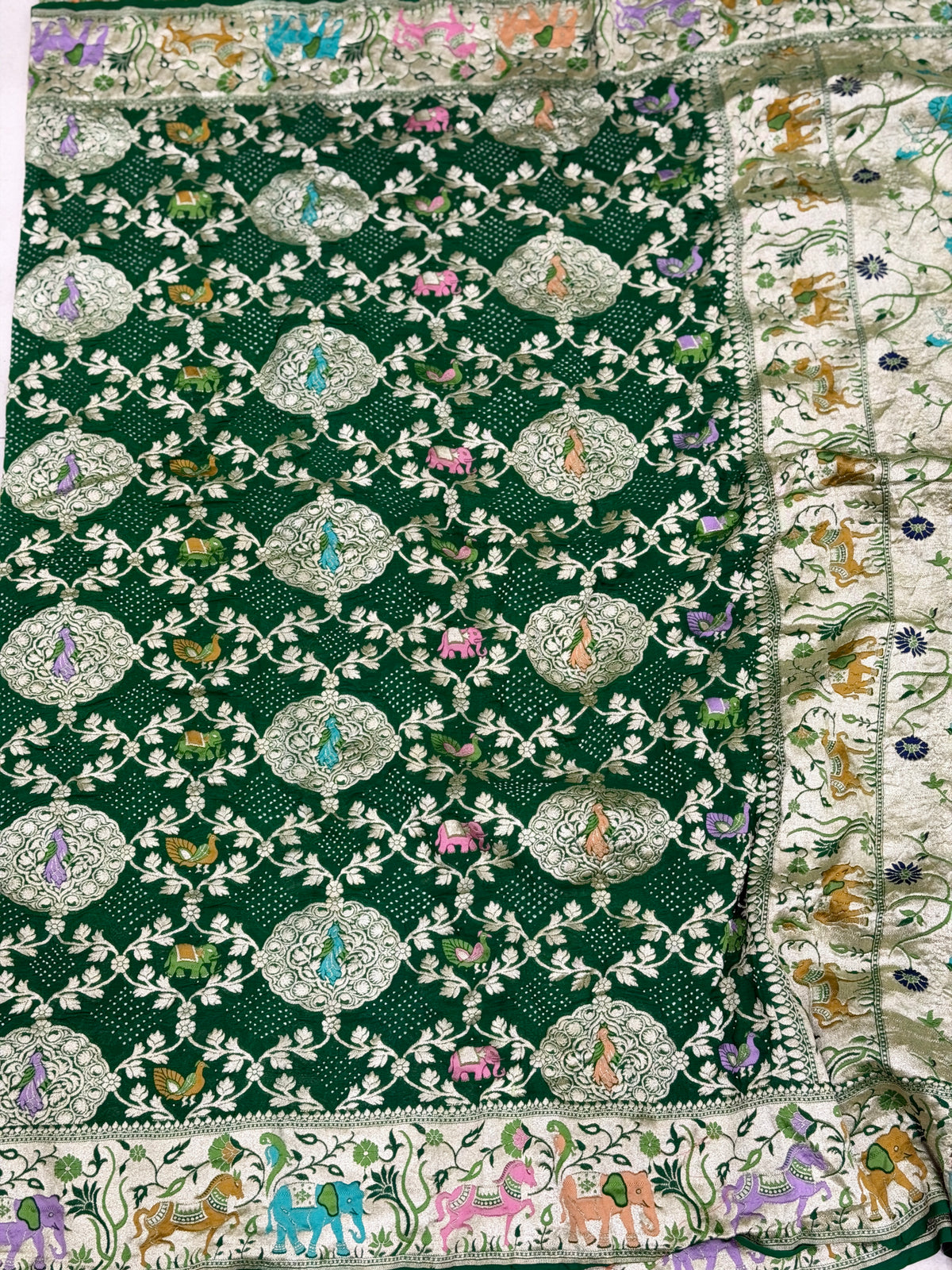 Bottle Green Meenakari Elephant Motif Geoegette Rai Bandhej Saree