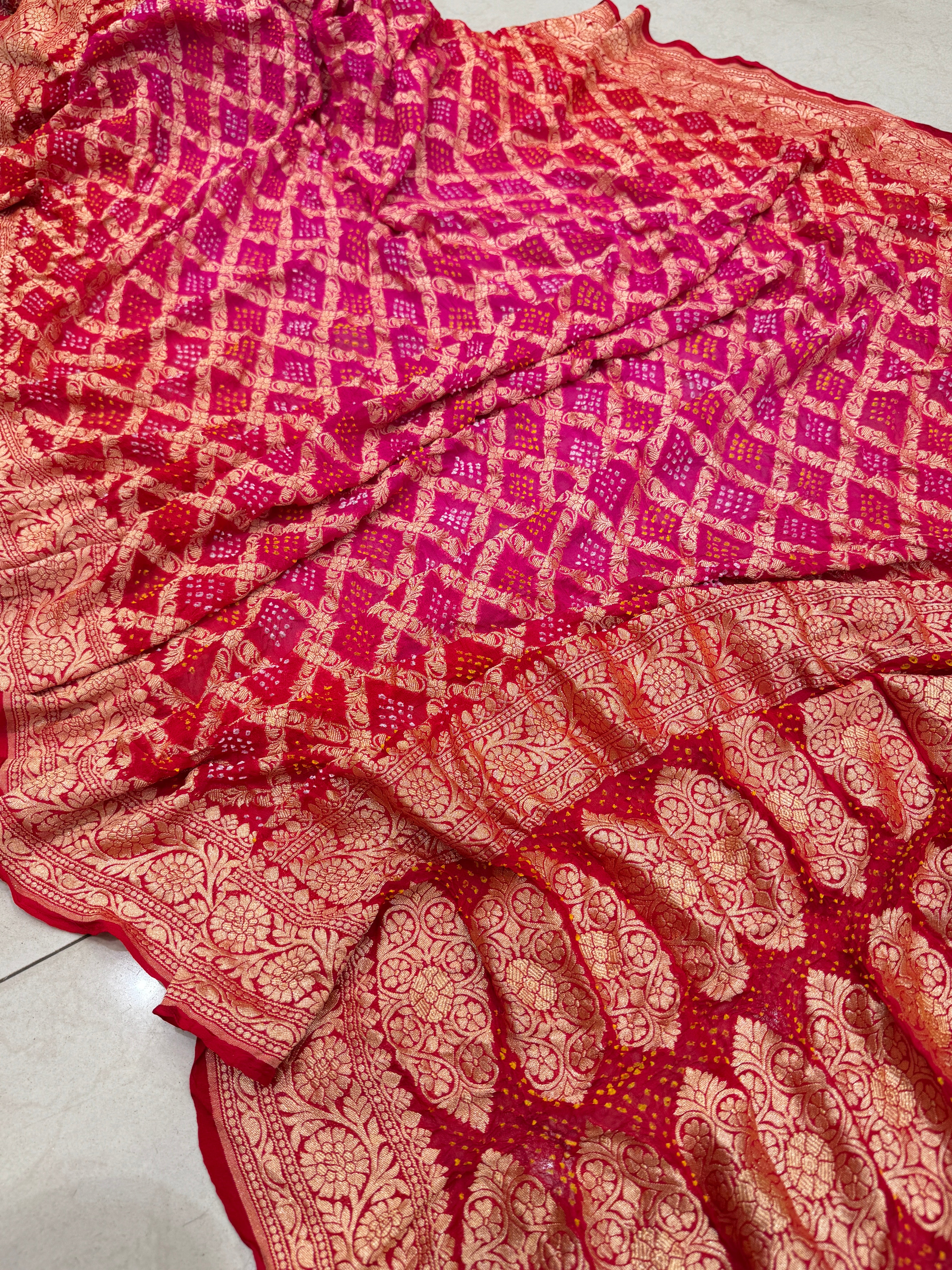 Red Rani Shaded Bandhej Bandhini Saree