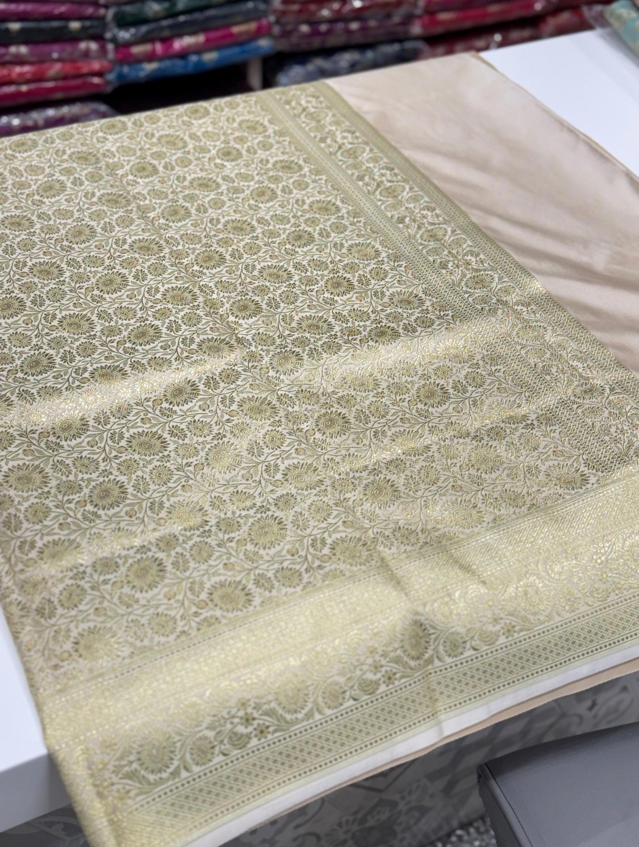 Beige Banarasi Silk Flower Border Saree