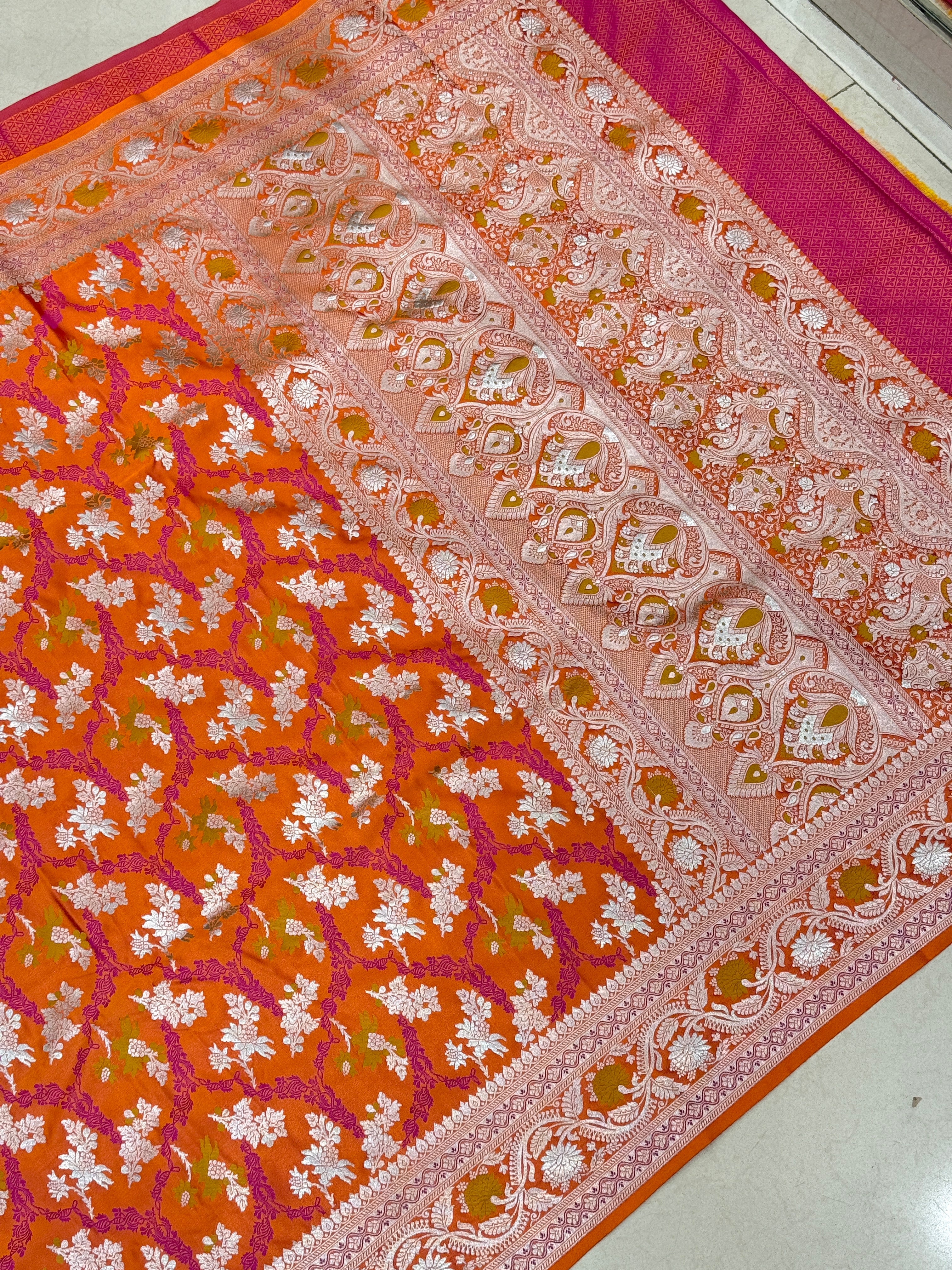 Orange Banarasi Silk Meenkari Jaal Saree