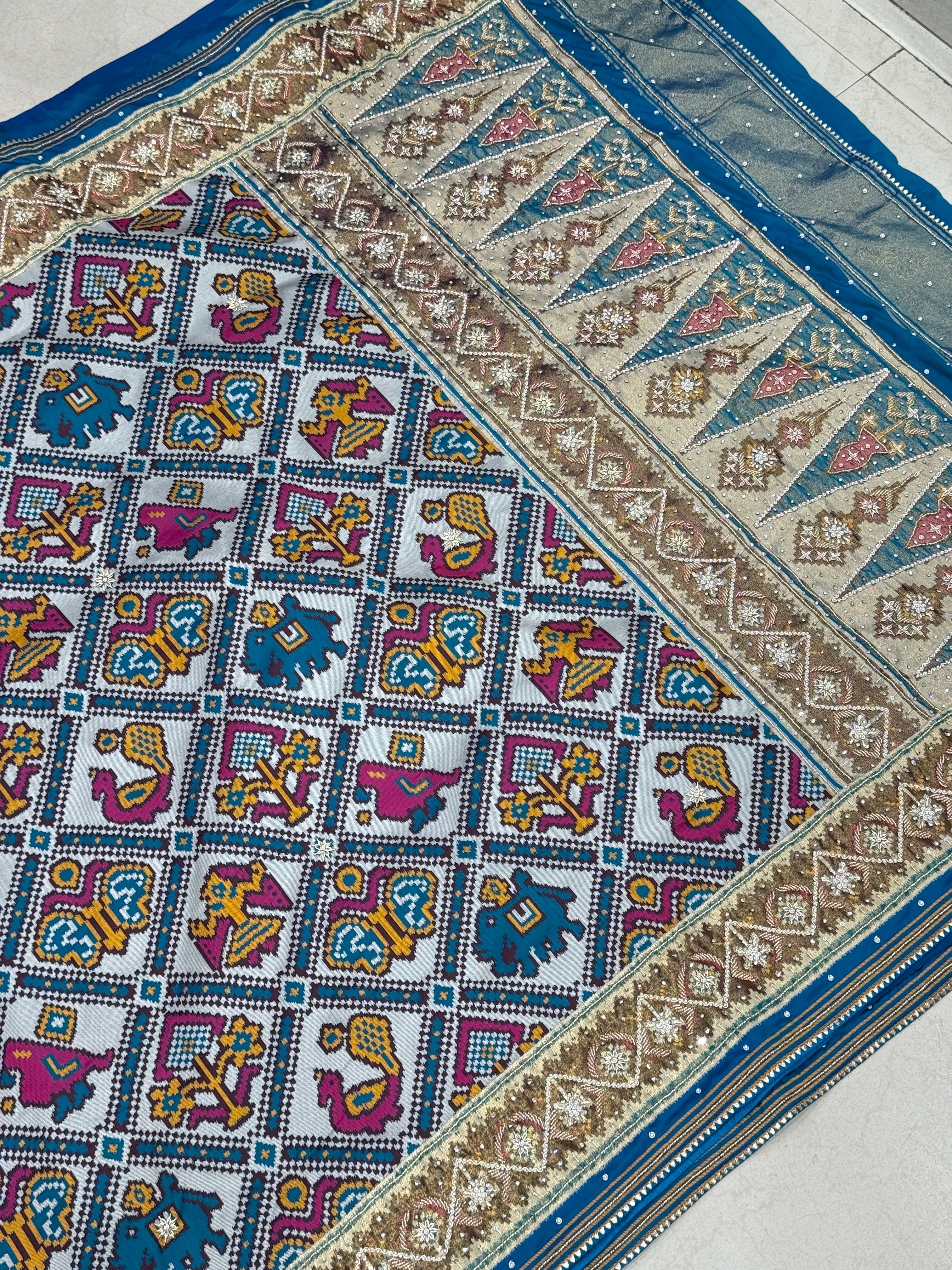 Blue Rajkoti Patola Weaved Hand Embroidery Saree