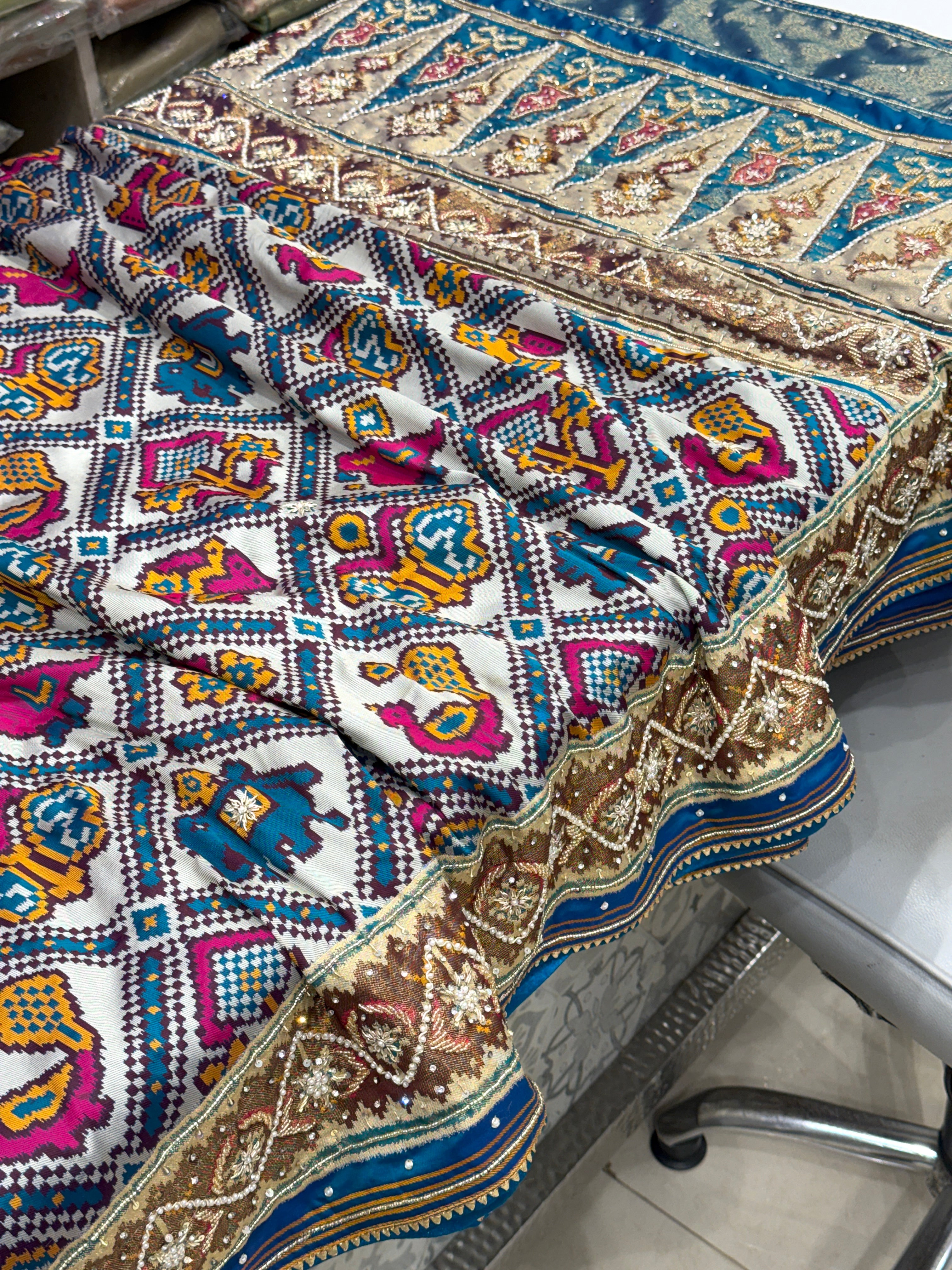 Blue Rajkoti Patola Weaved Hand Embroidery Saree