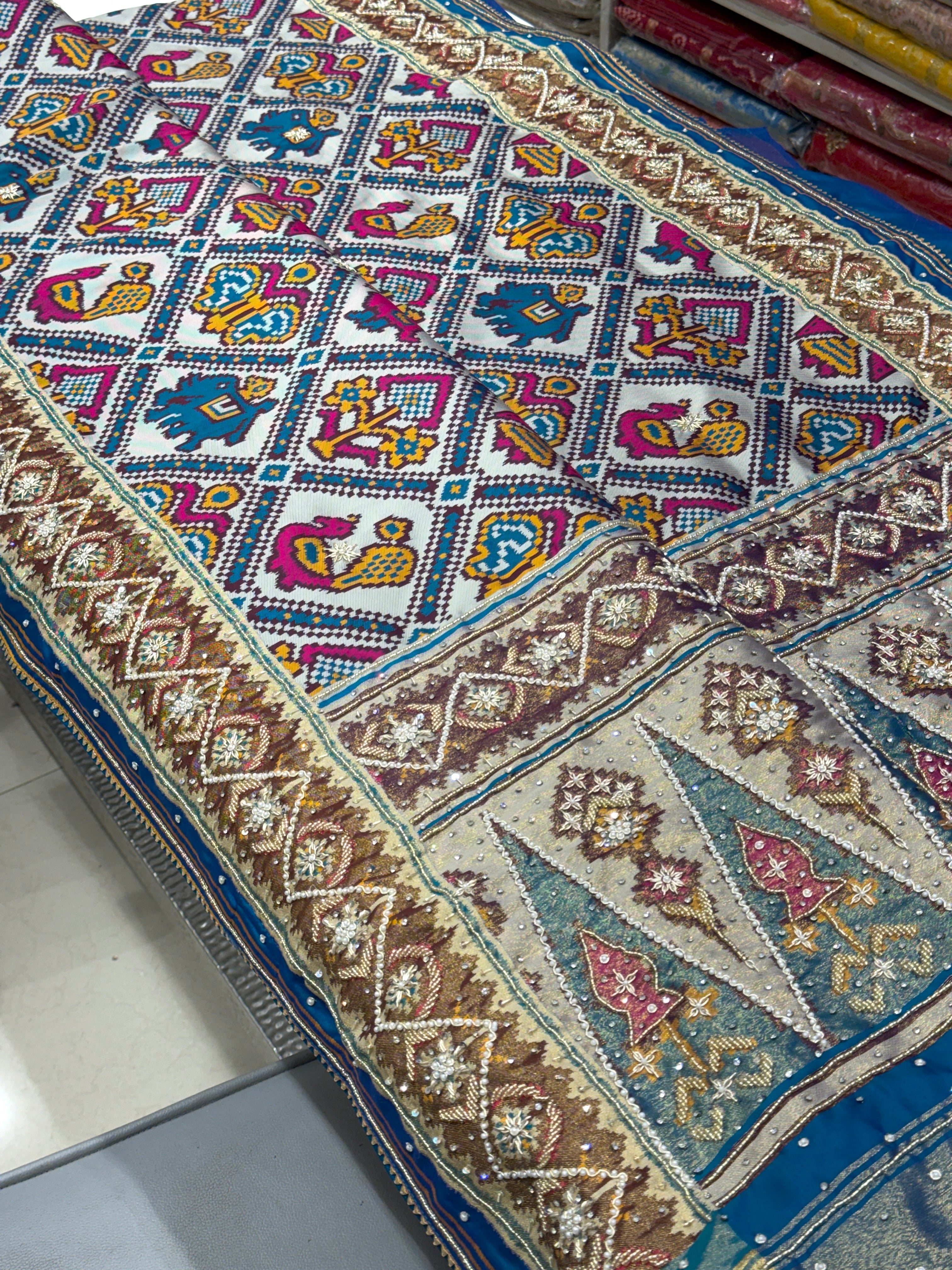 Blue Rajkoti Patola Weaved Hand Embroidery Saree