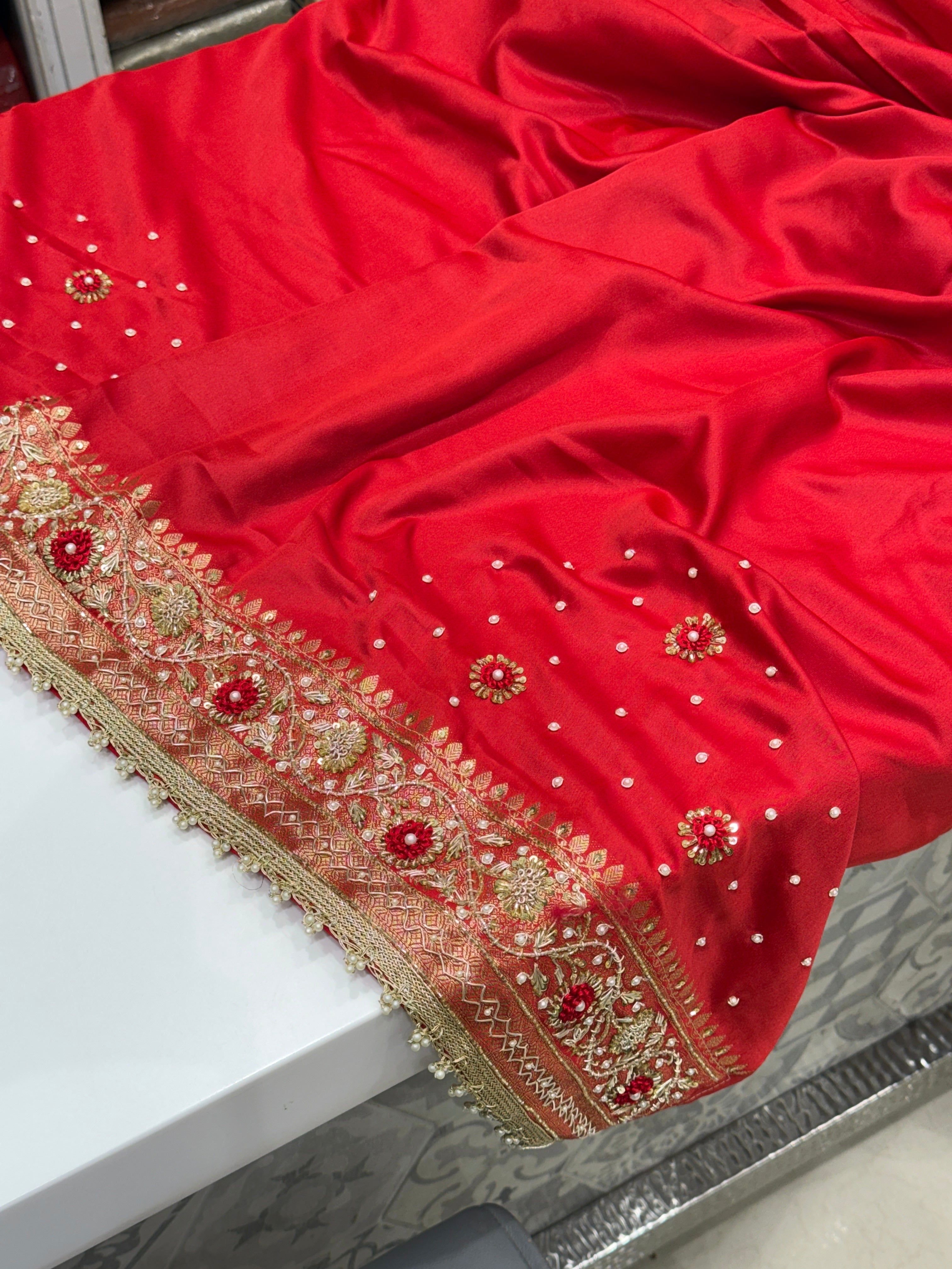 Red Banarasi Silk Small Jaal Heavy Zardozi Resham Saree