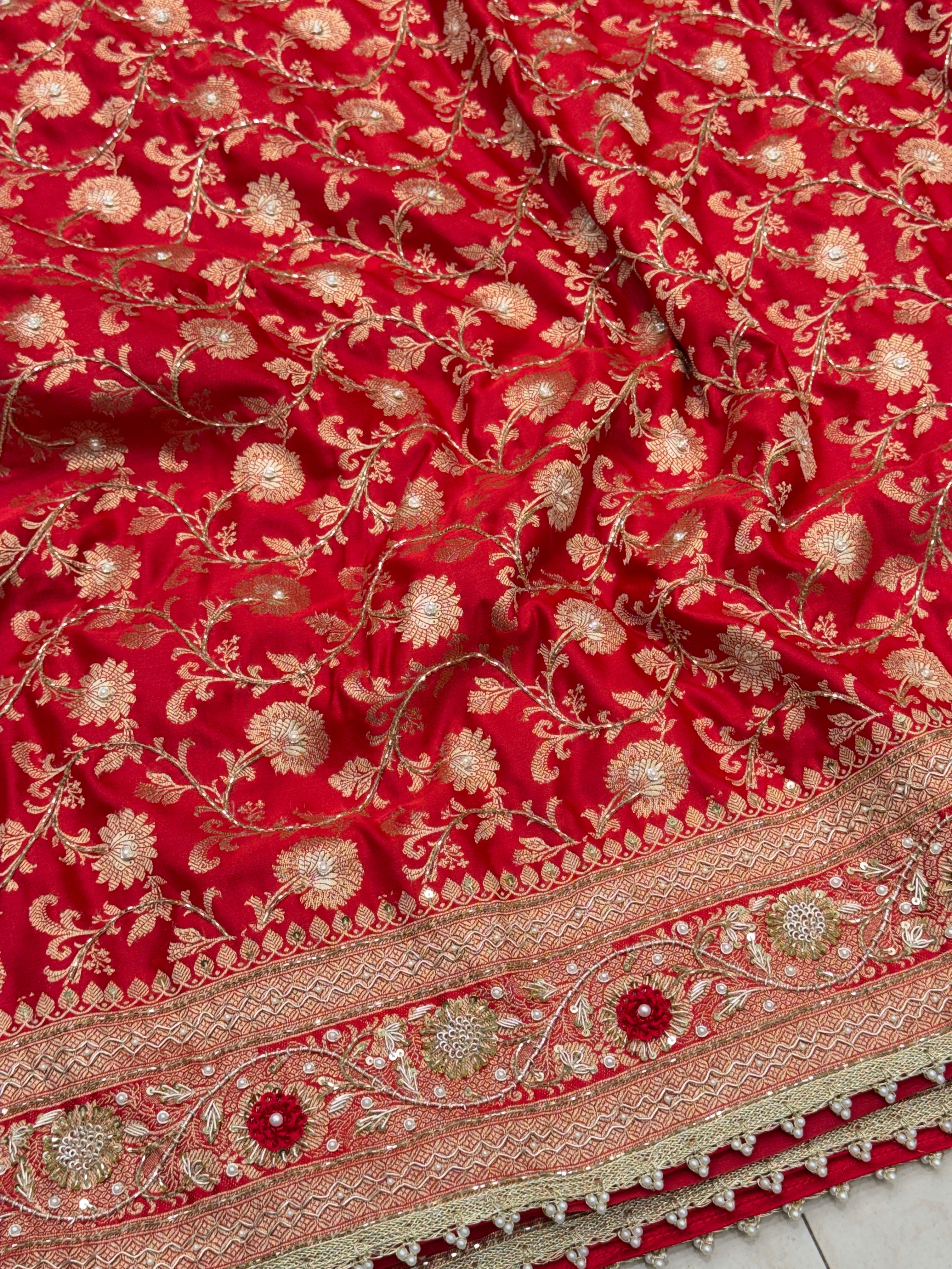 Red Banarasi Silk Small Jaal Heavy Zardozi Resham Saree
