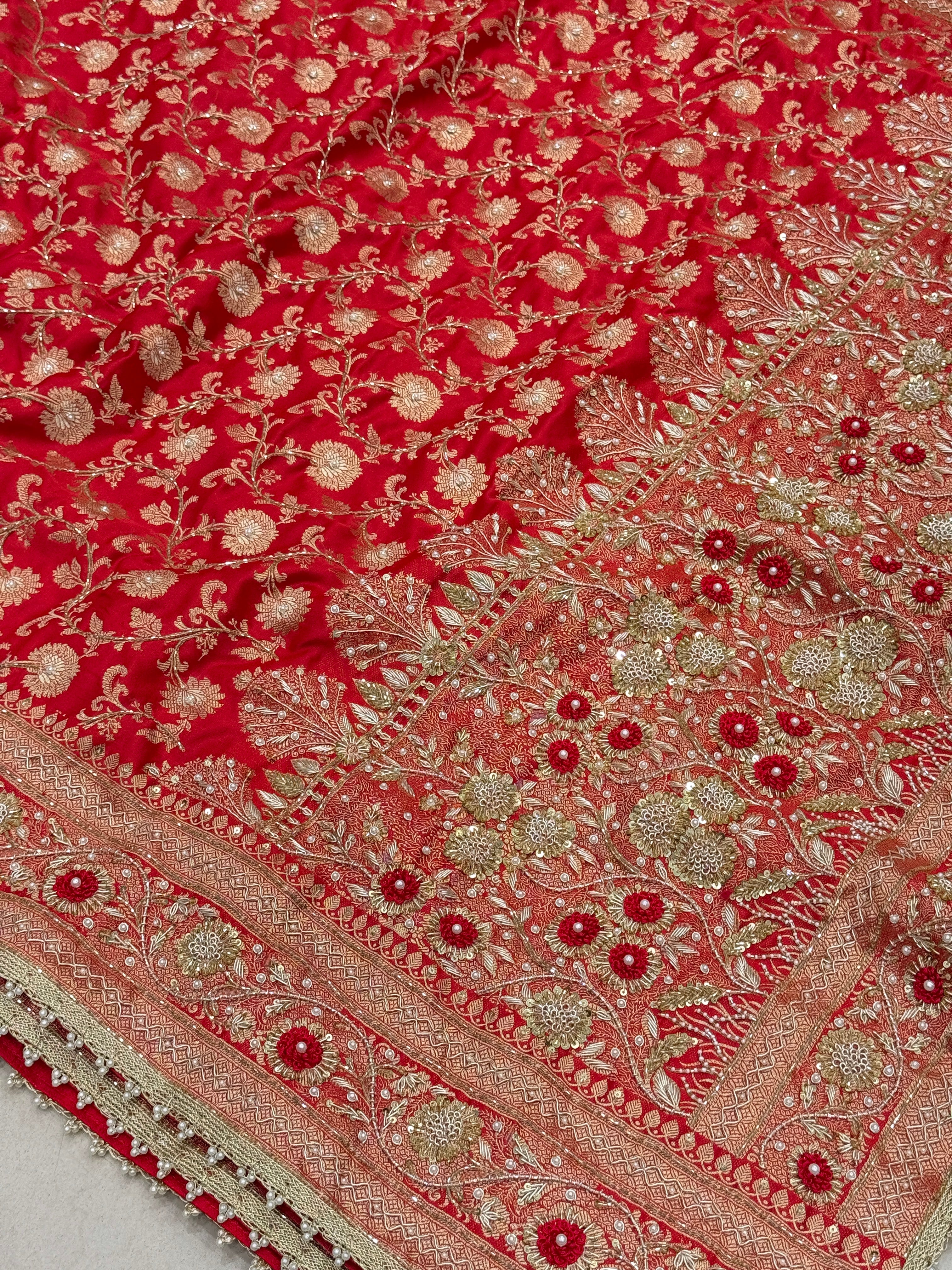 Red Banarasi Silk Small Jaal Heavy Zardozi Resham Saree