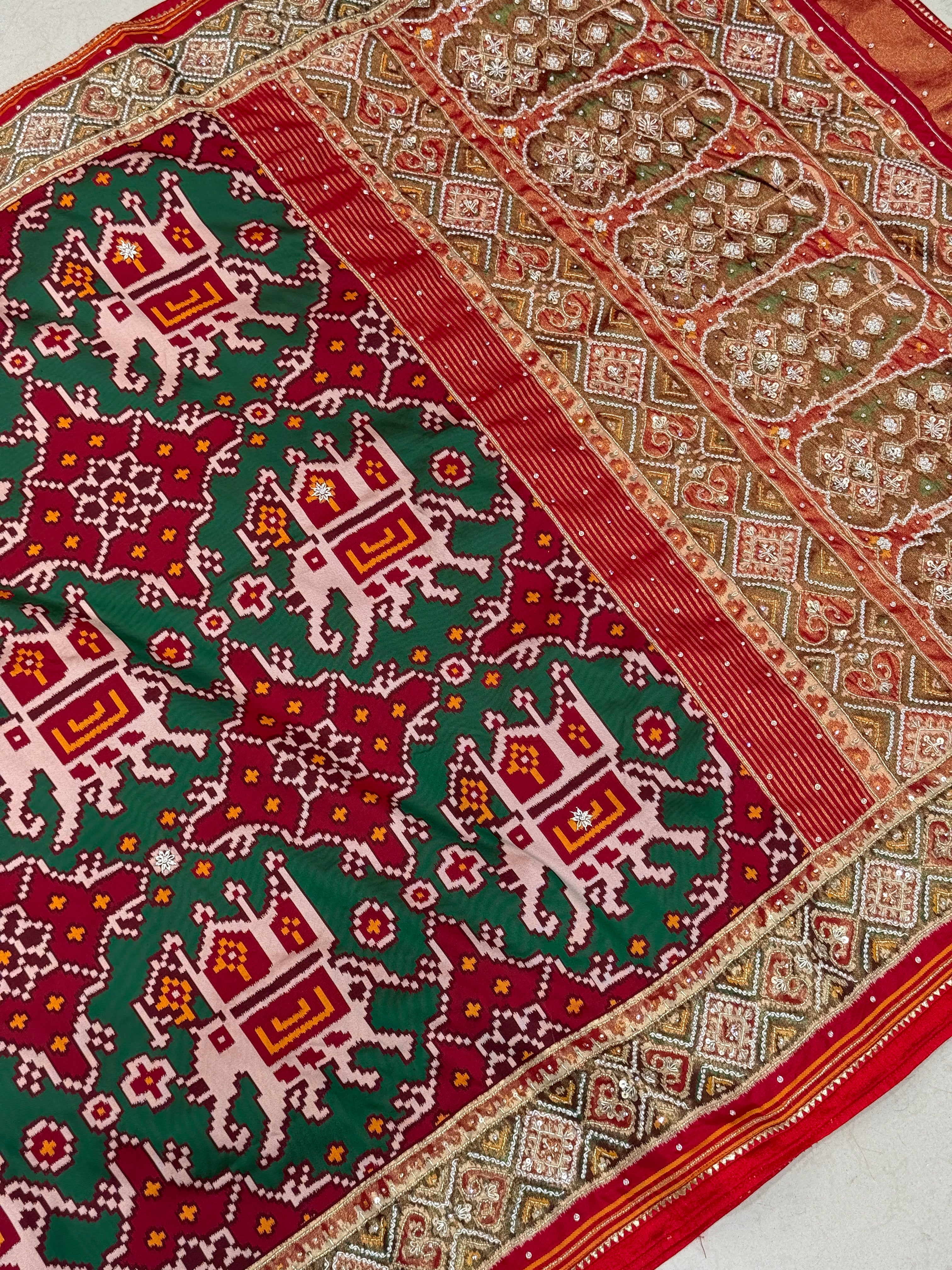 Maroon Green Big Elephant Hand Embroidery Saree