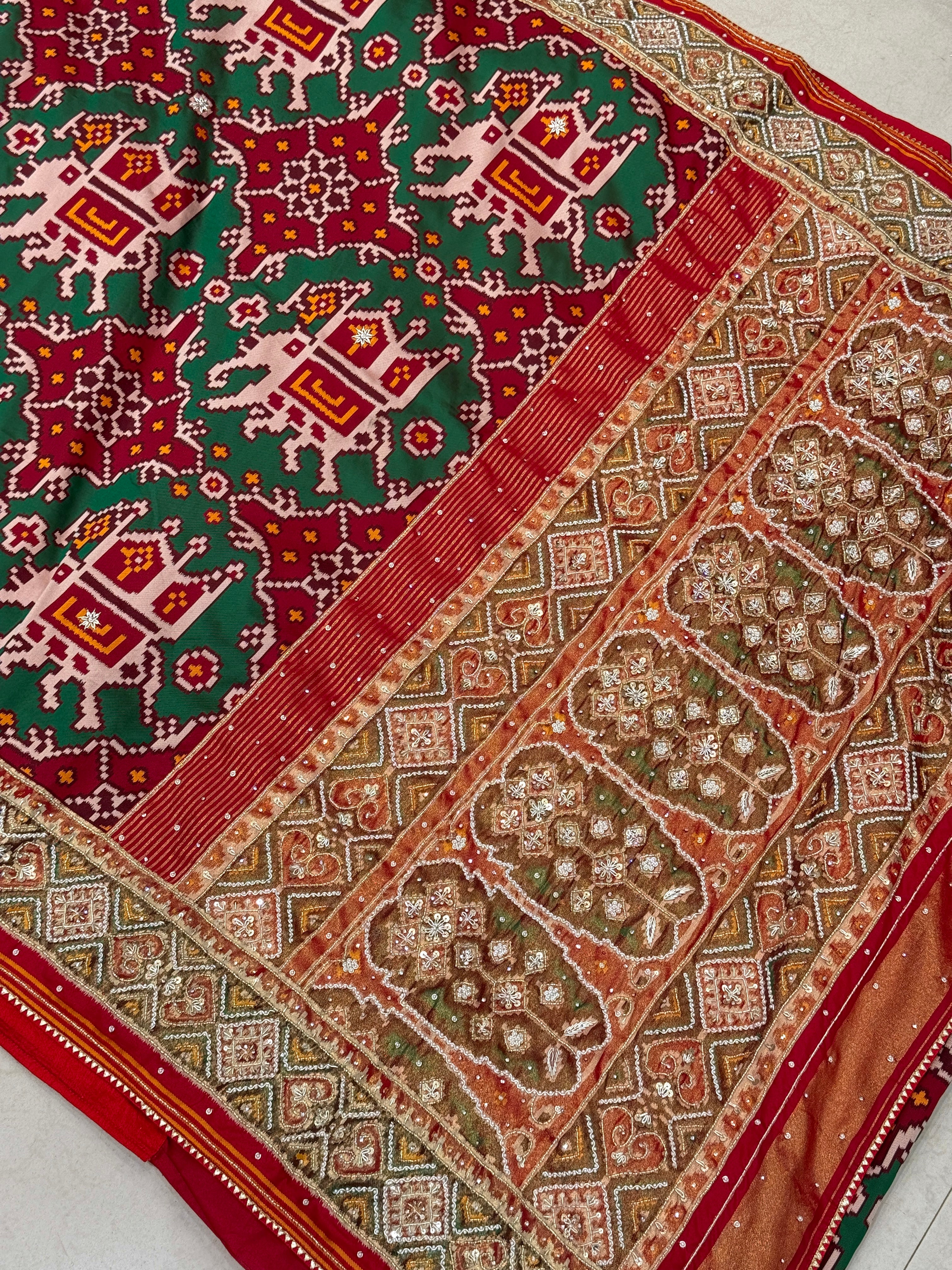 Maroon Green Big Elephant Hand Embroidery Saree