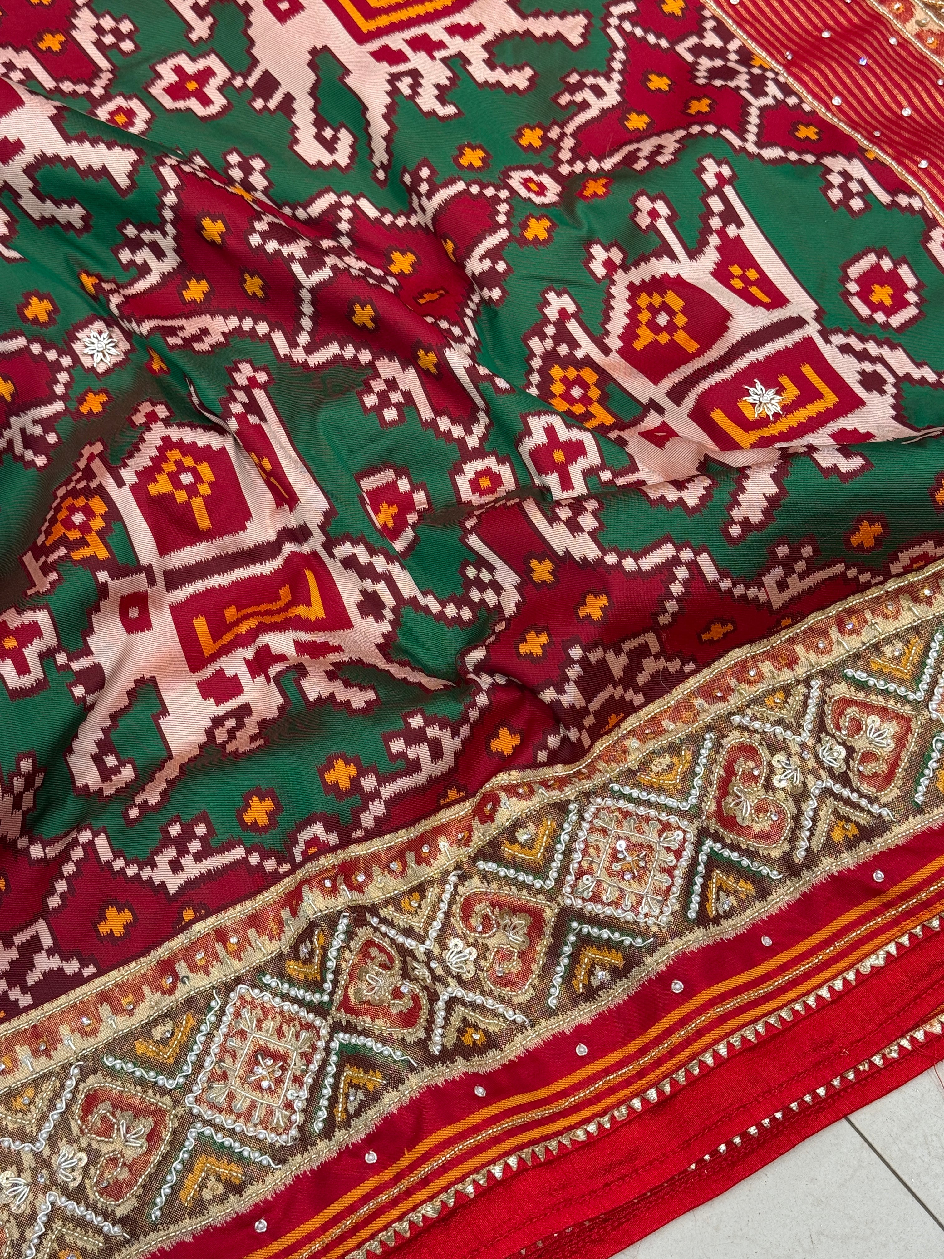 Maroon Green Big Elephant Hand Embroidery Saree