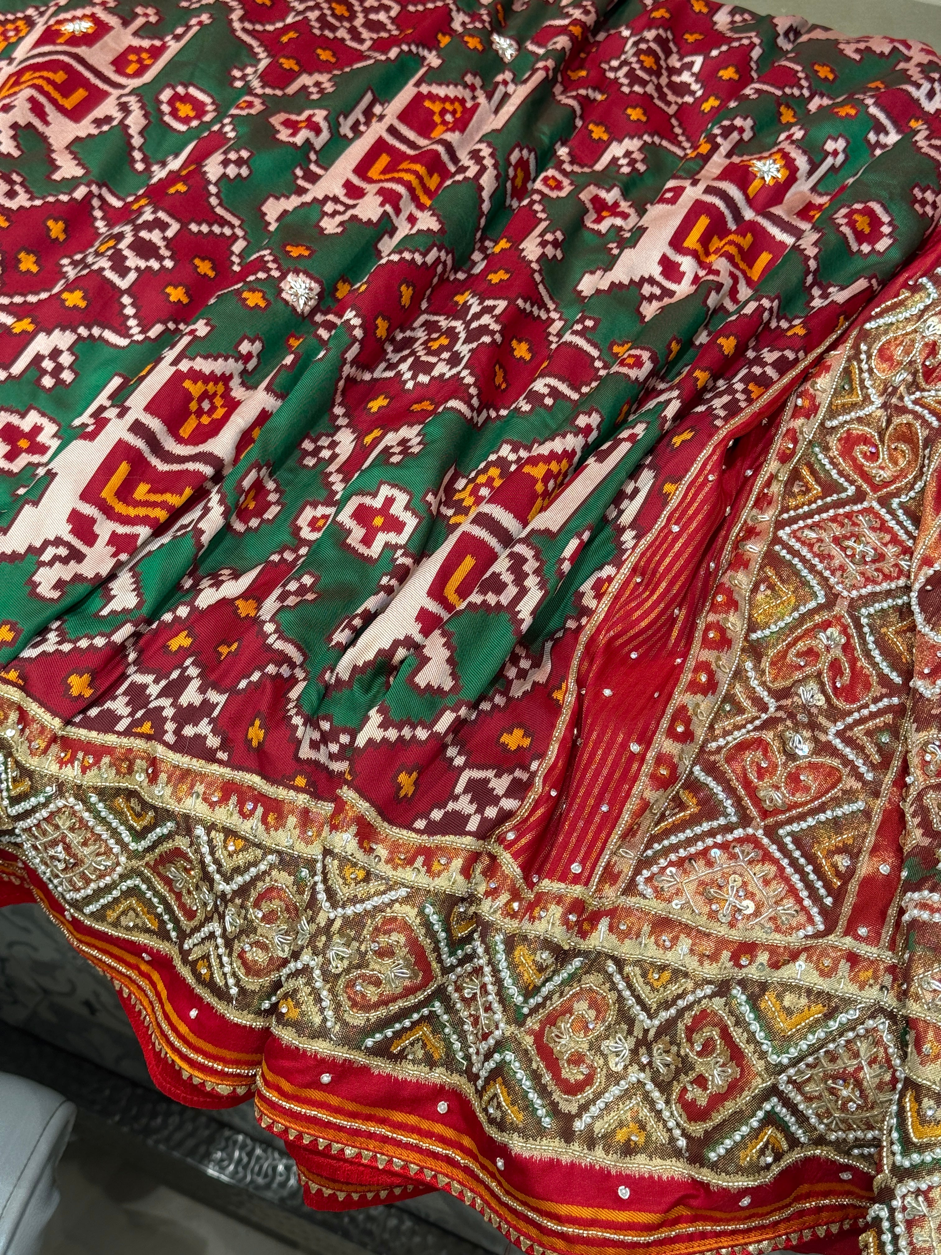 Maroon Green Big Elephant Hand Embroidery Saree