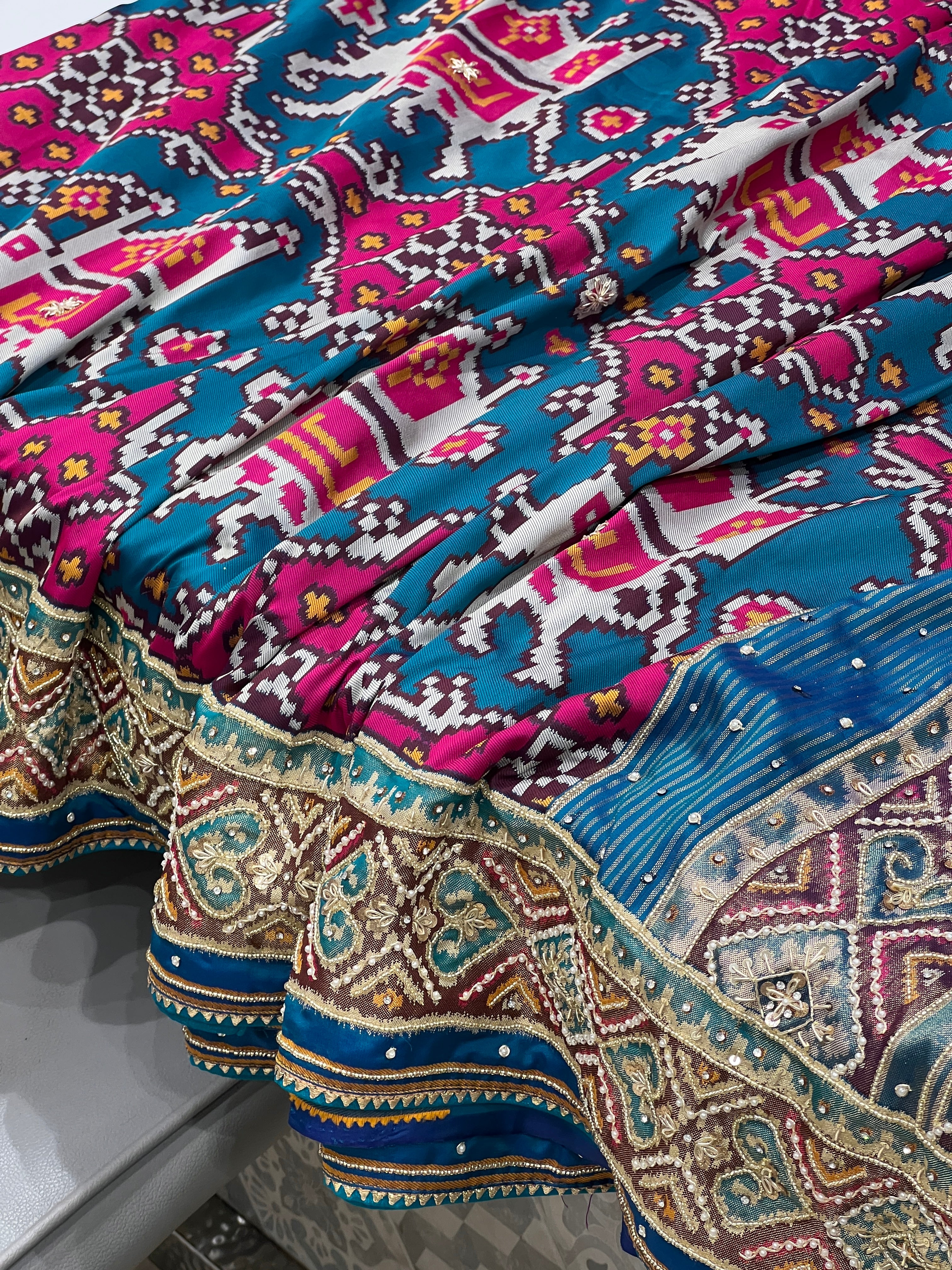 Blue Patola Big Elephant Hand Embroidery Saree