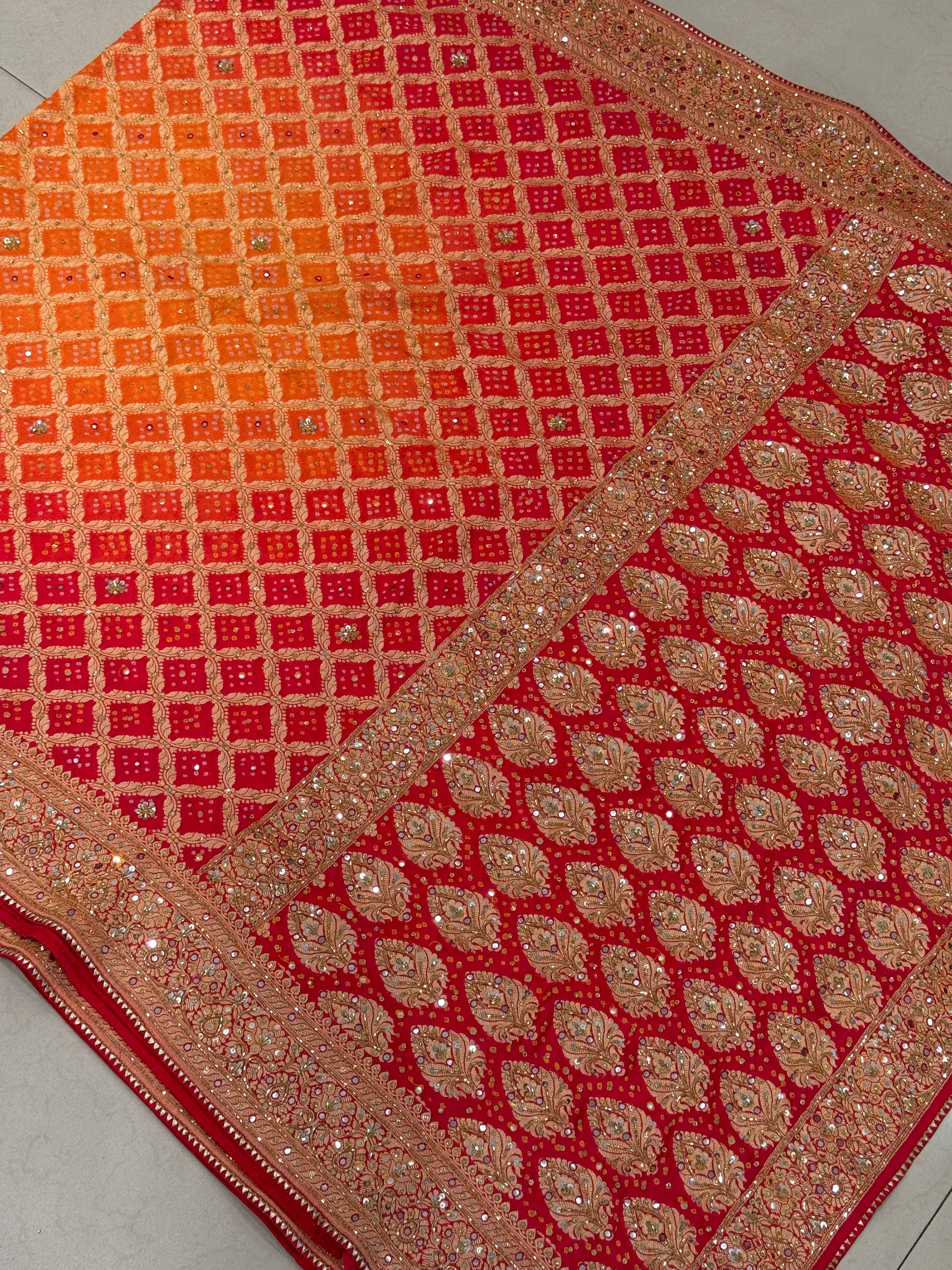 Orange Red Shaded Bandhej Hand Embroidery Saree