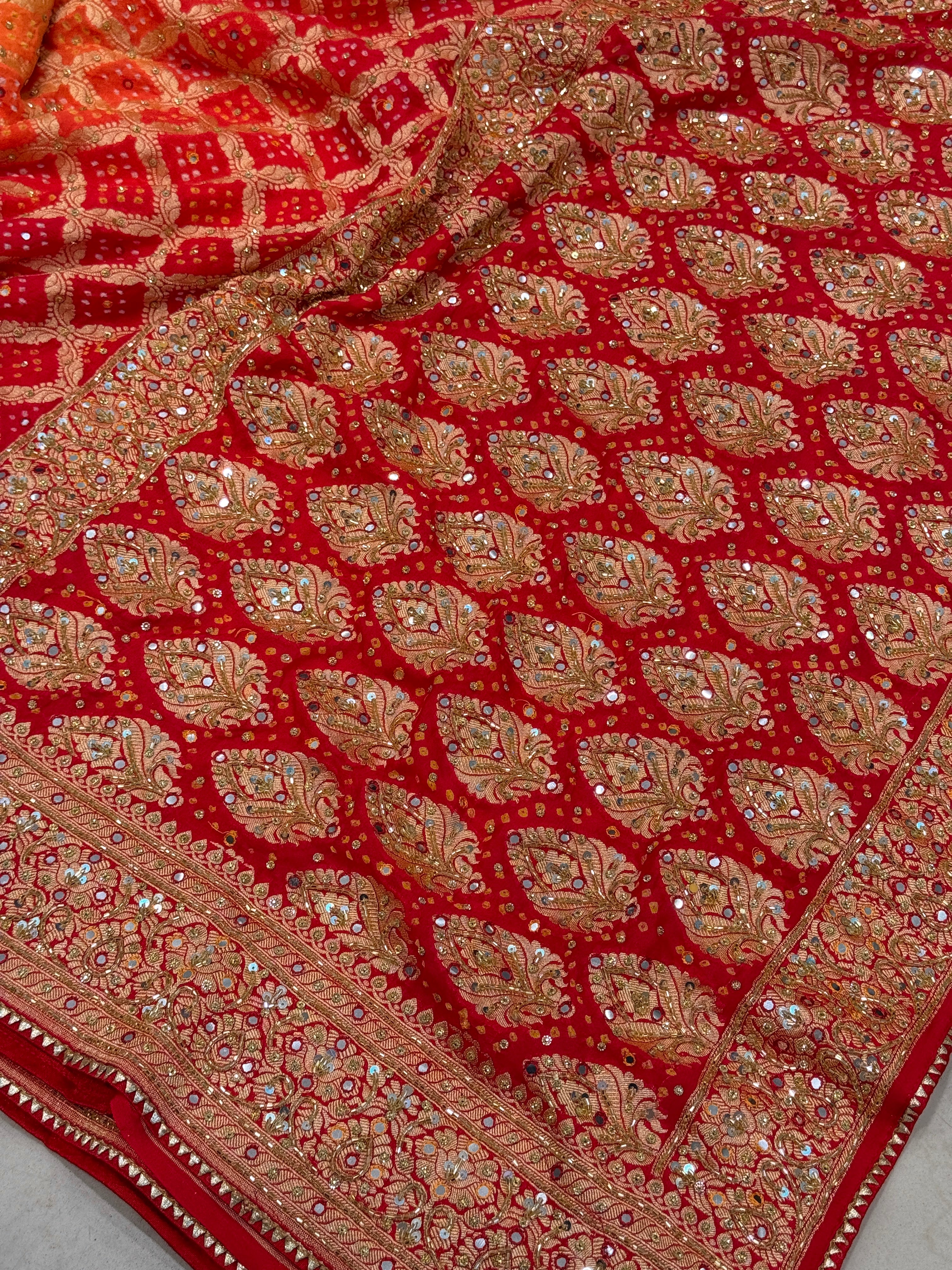 Orange Red Shaded Bandhej Hand Embroidery Saree