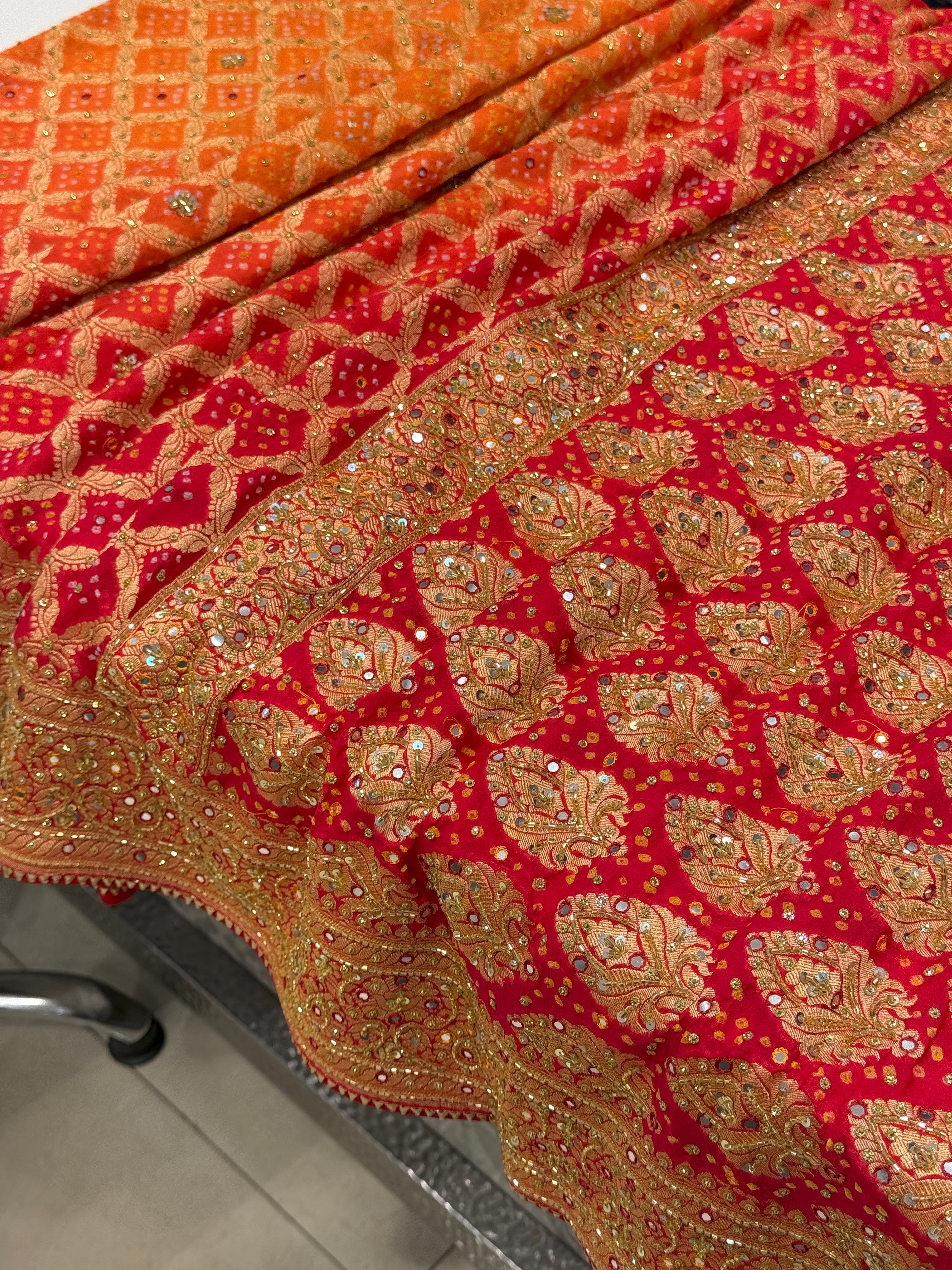 Orange Red Shaded Bandhej Hand Embroidery Saree