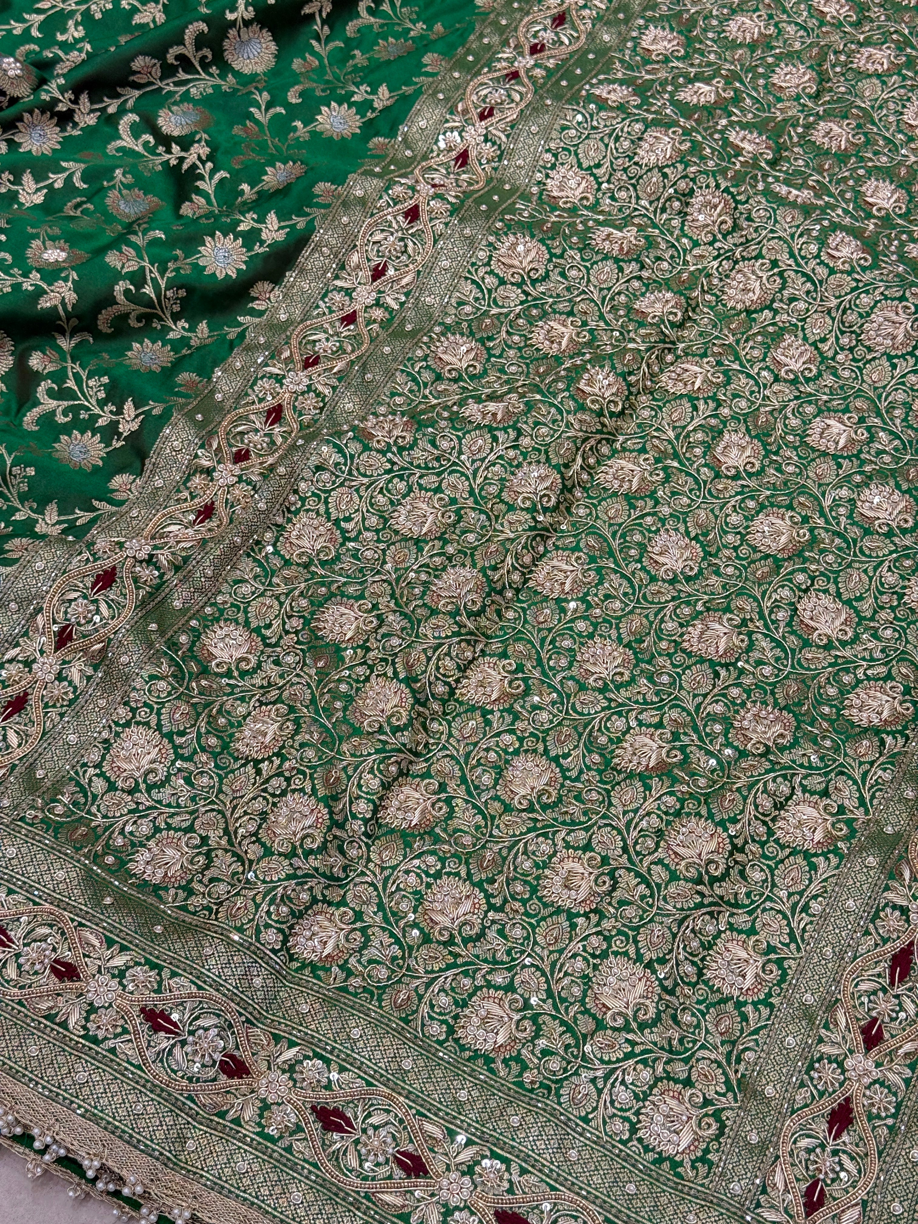 Bottle Green Banarasi Silk Small Jaal Zardosi Resham Saree