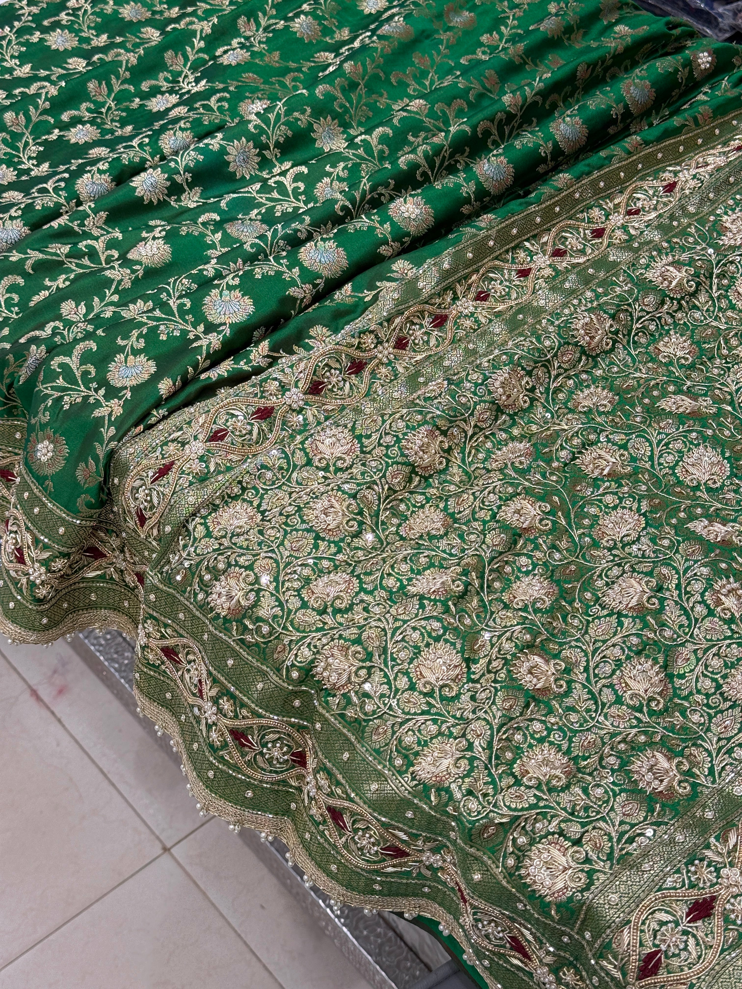 Bottle Green Banarasi Silk Small Jaal Zardosi Resham Saree