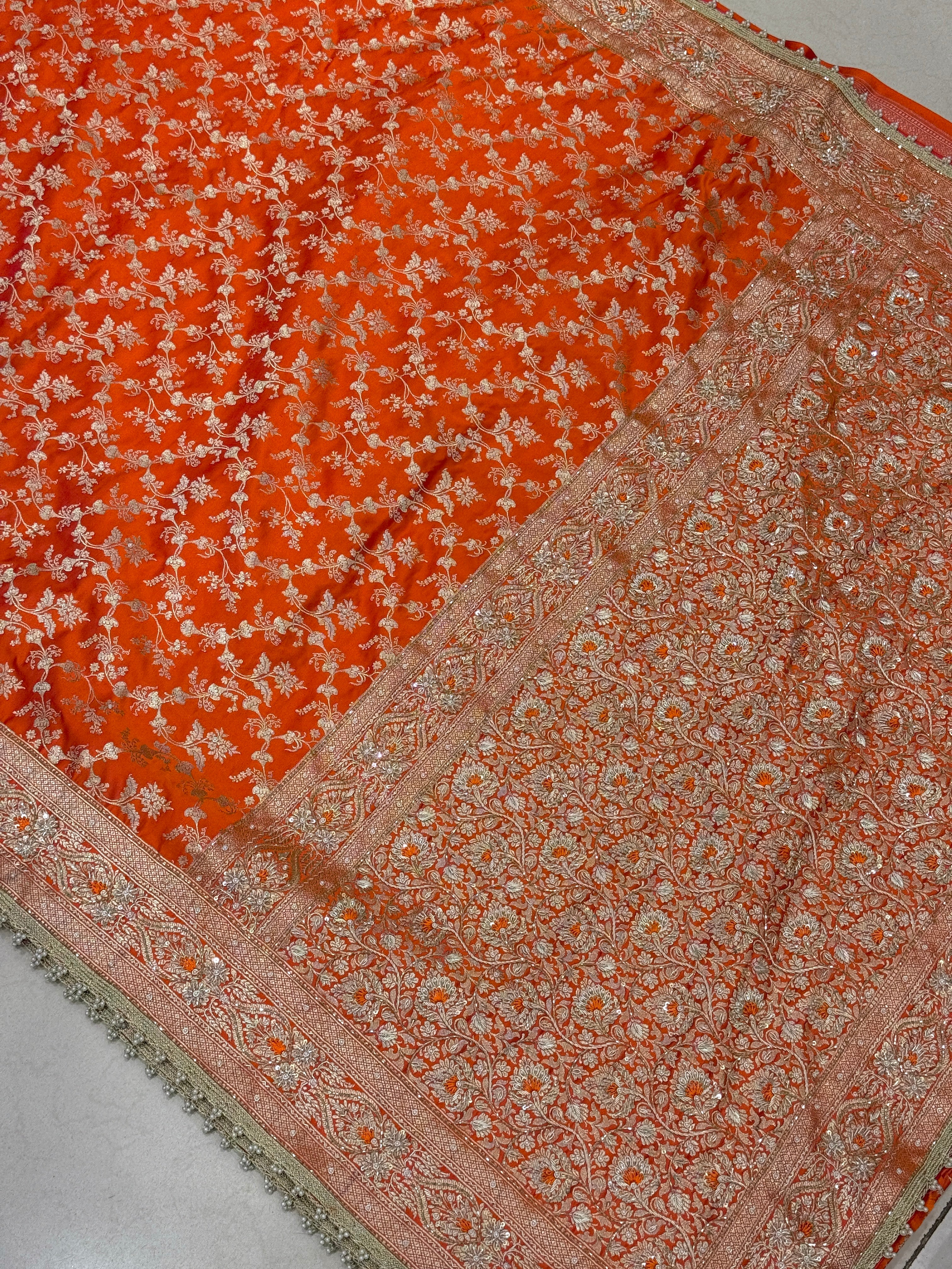 Orange Banarasi Silk Bloom Border Resham Embroidery Saree