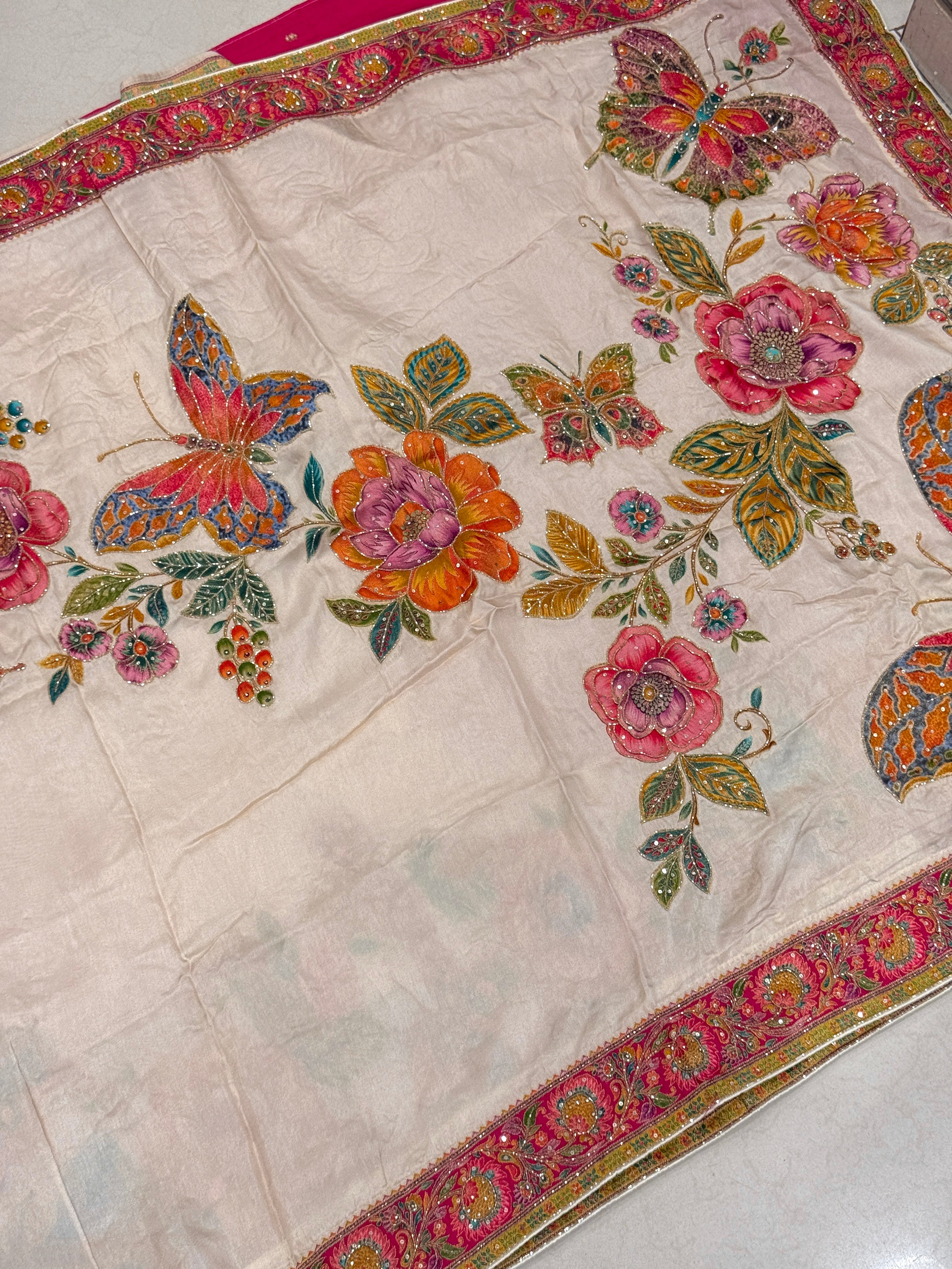 Beige Munga Silk Butterfly Hand Embroidery Saree