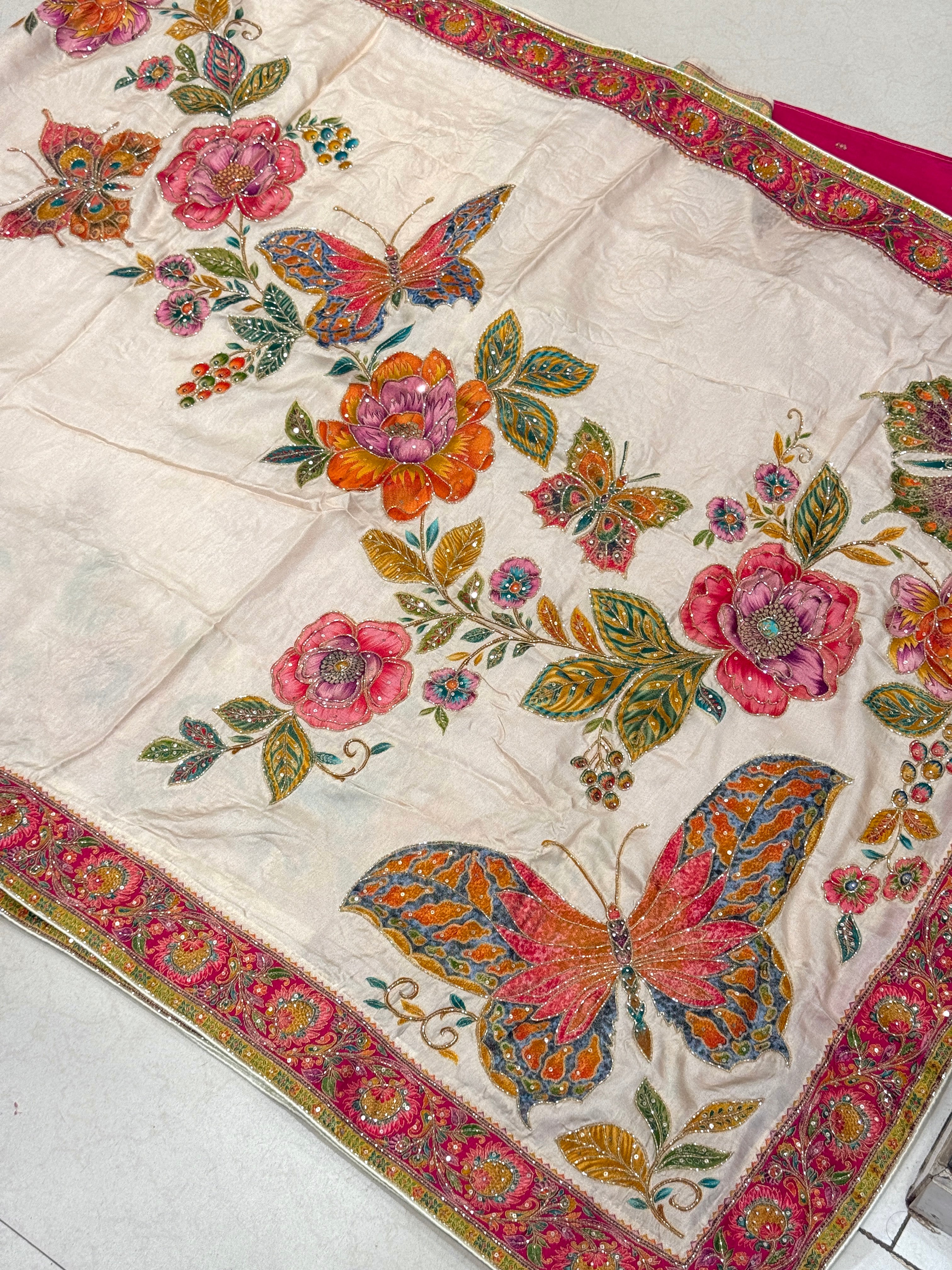 Beige Munga Silk Butterfly Hand Embroidery Saree