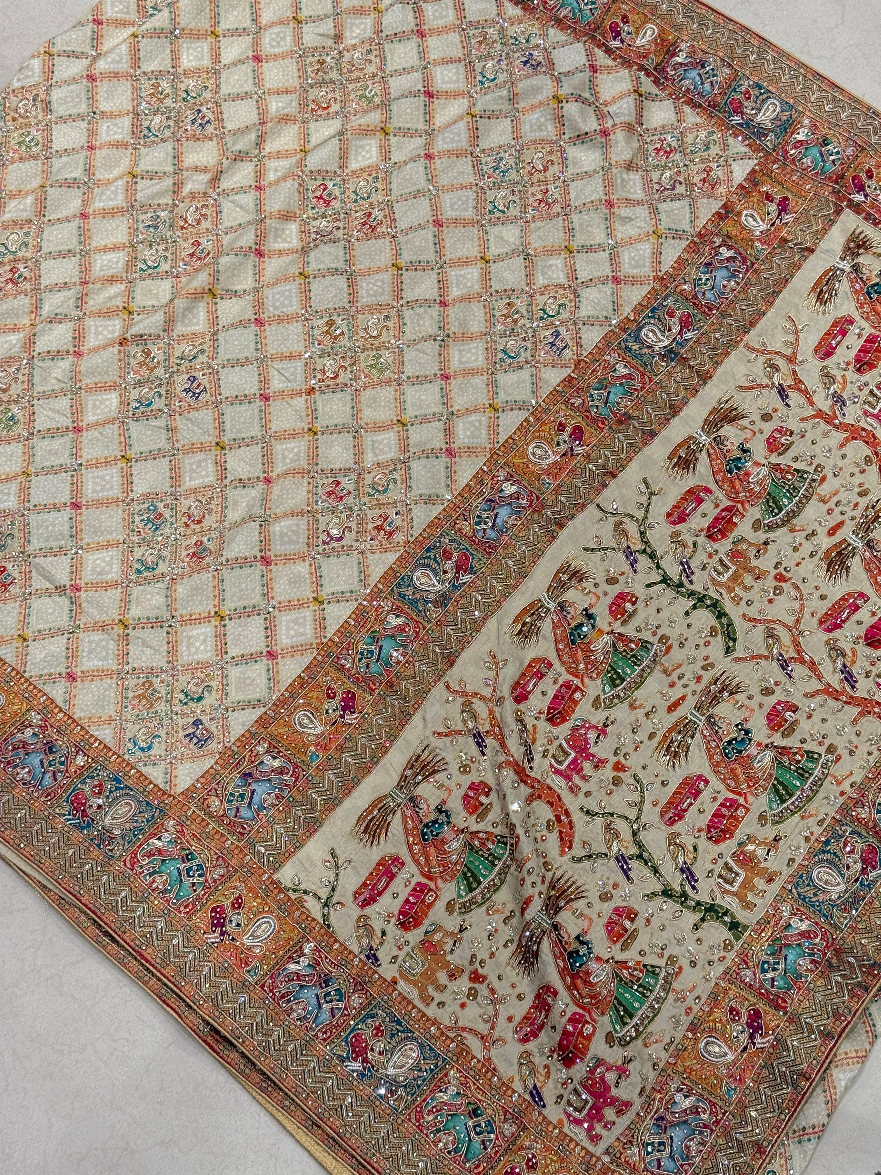 Beige Munga Silk Bandhej Patola Hand Embroidery Saree