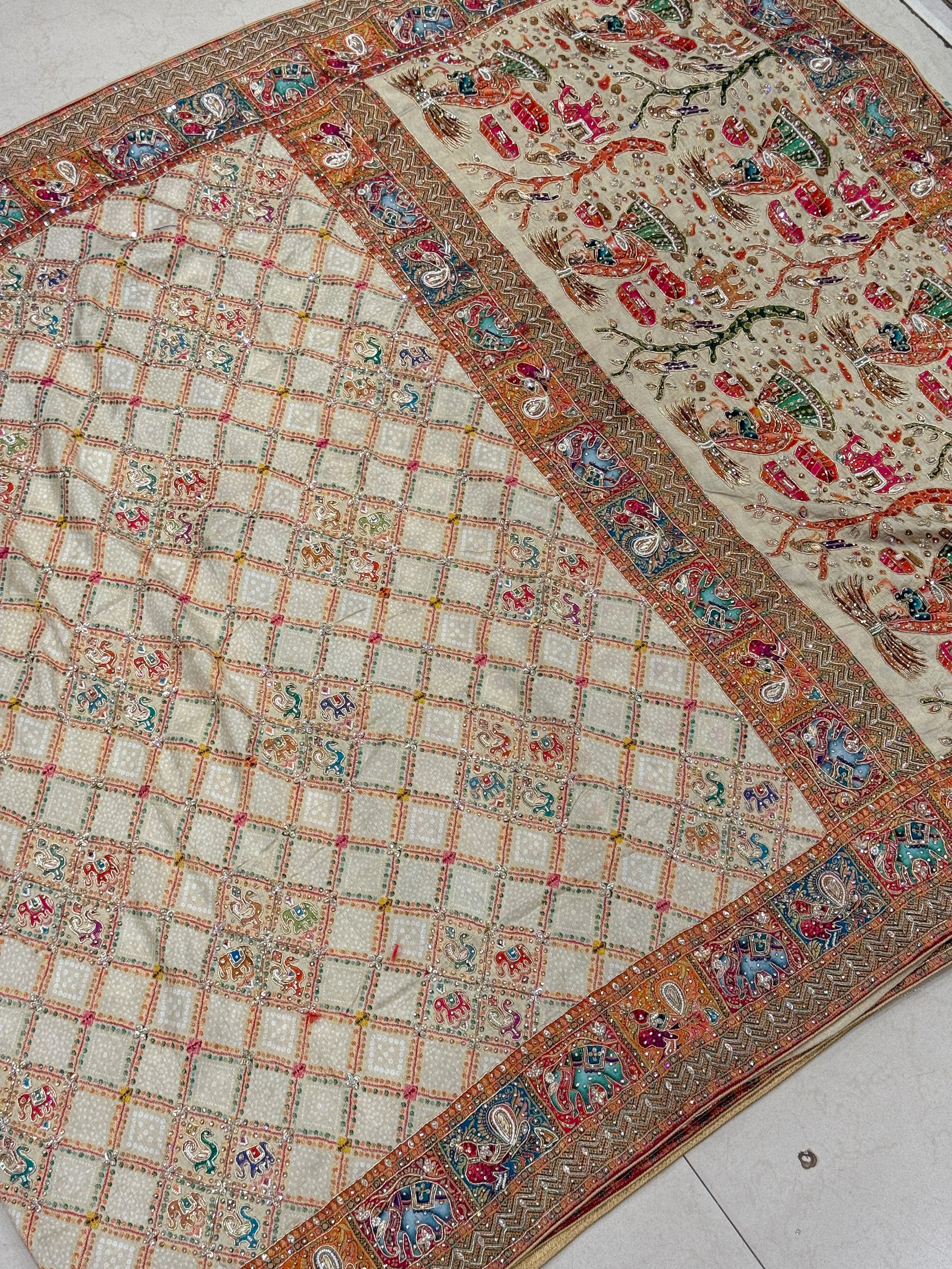 Beige Munga Silk Bandhej Patola Hand Embroidery Saree