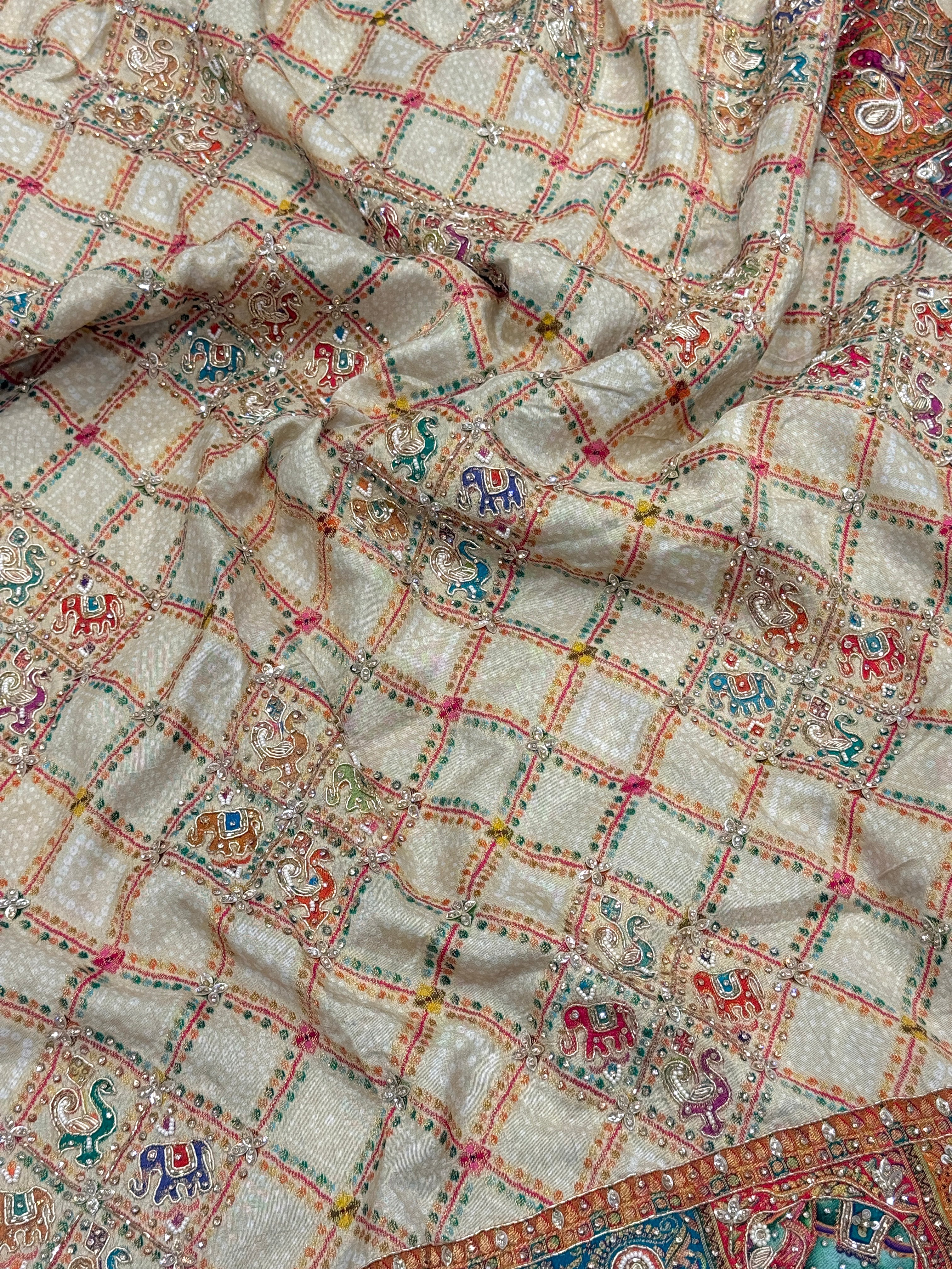 Beige Munga Silk Bandhej Patola Hand Embroidery Saree