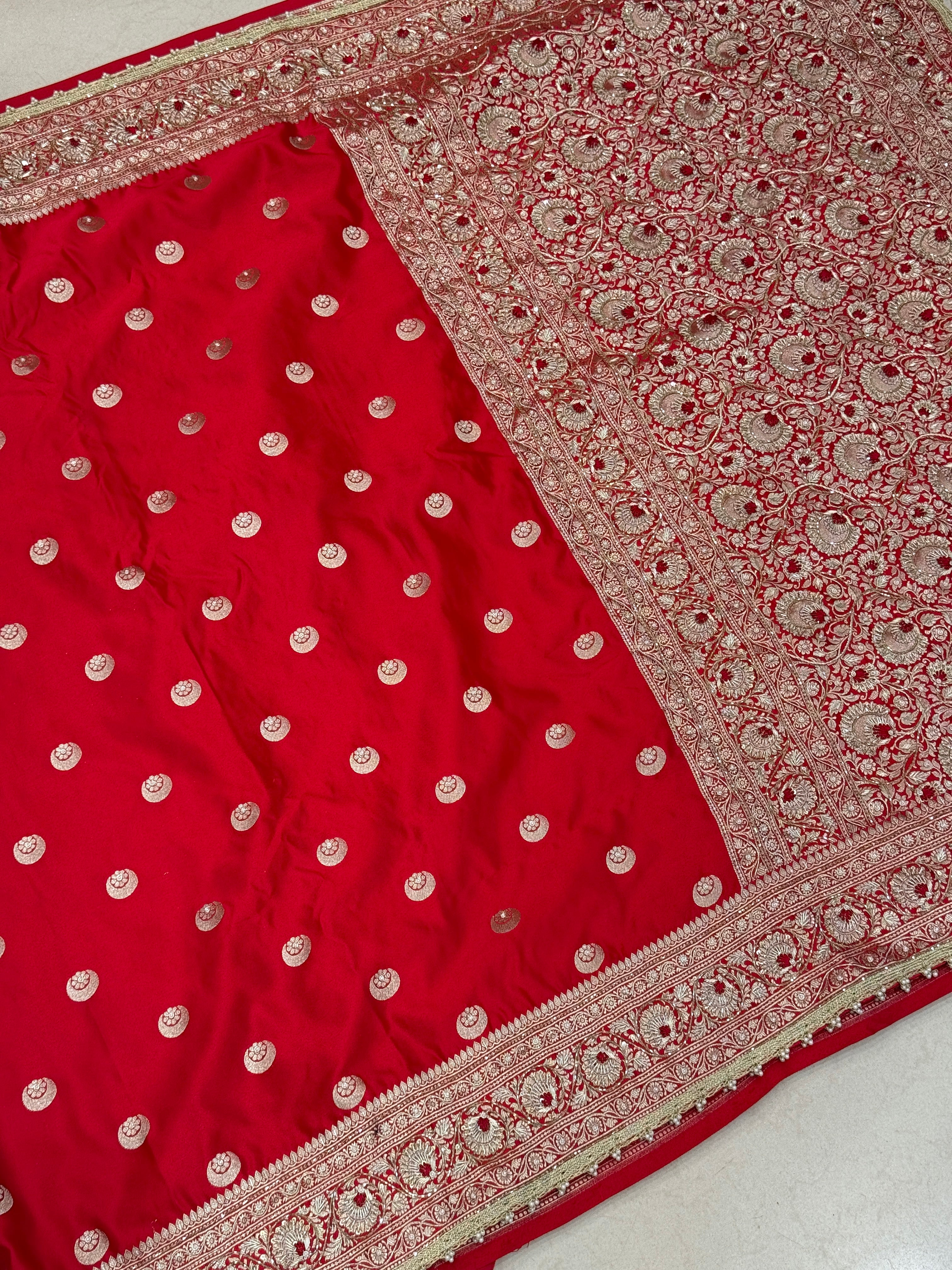 Red Banarasi Silk Chand Butta Resham Hand Embroidery Saree