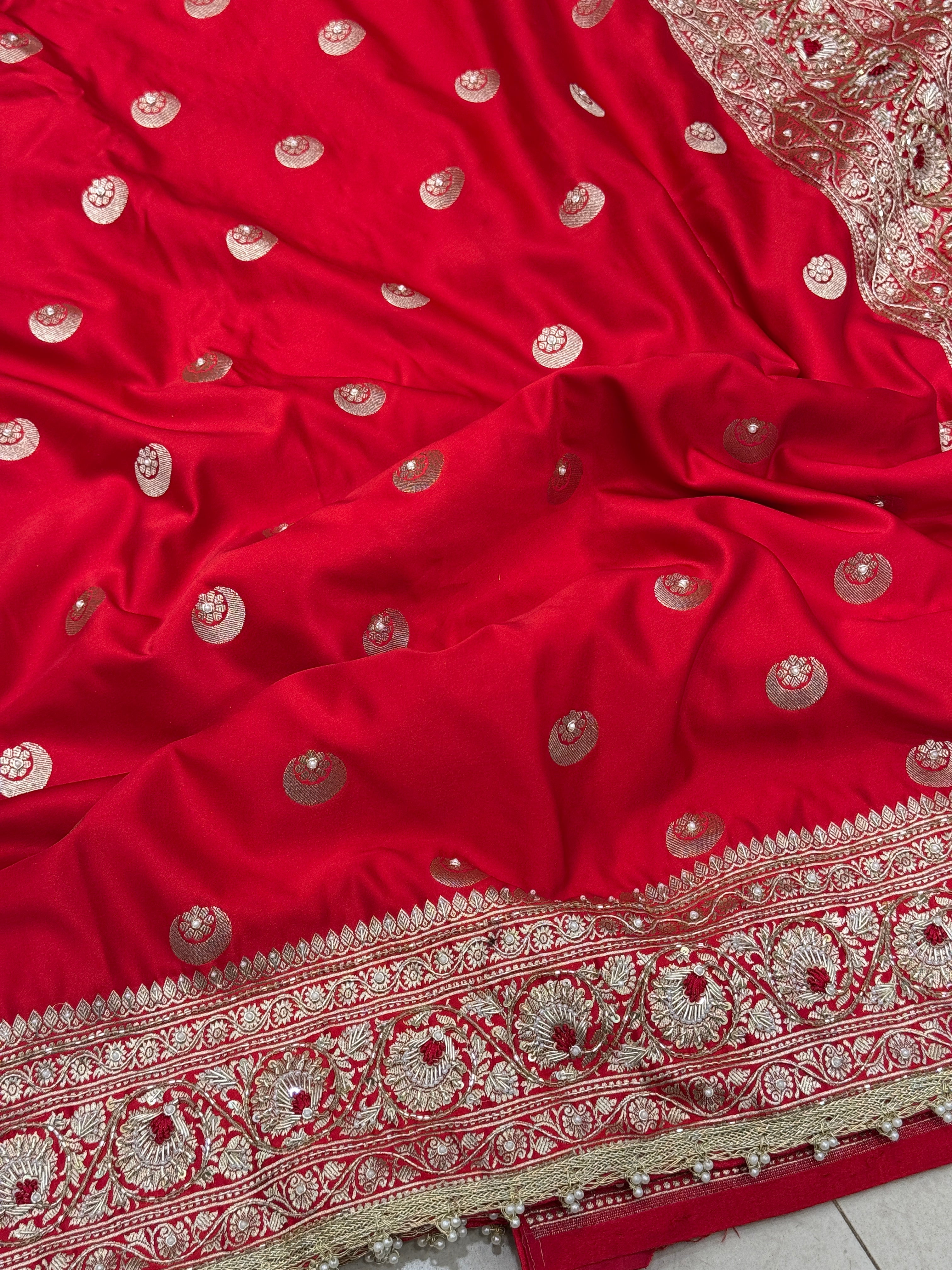 Red Banarasi Silk Chand Butta Resham Hand Embroidery Saree