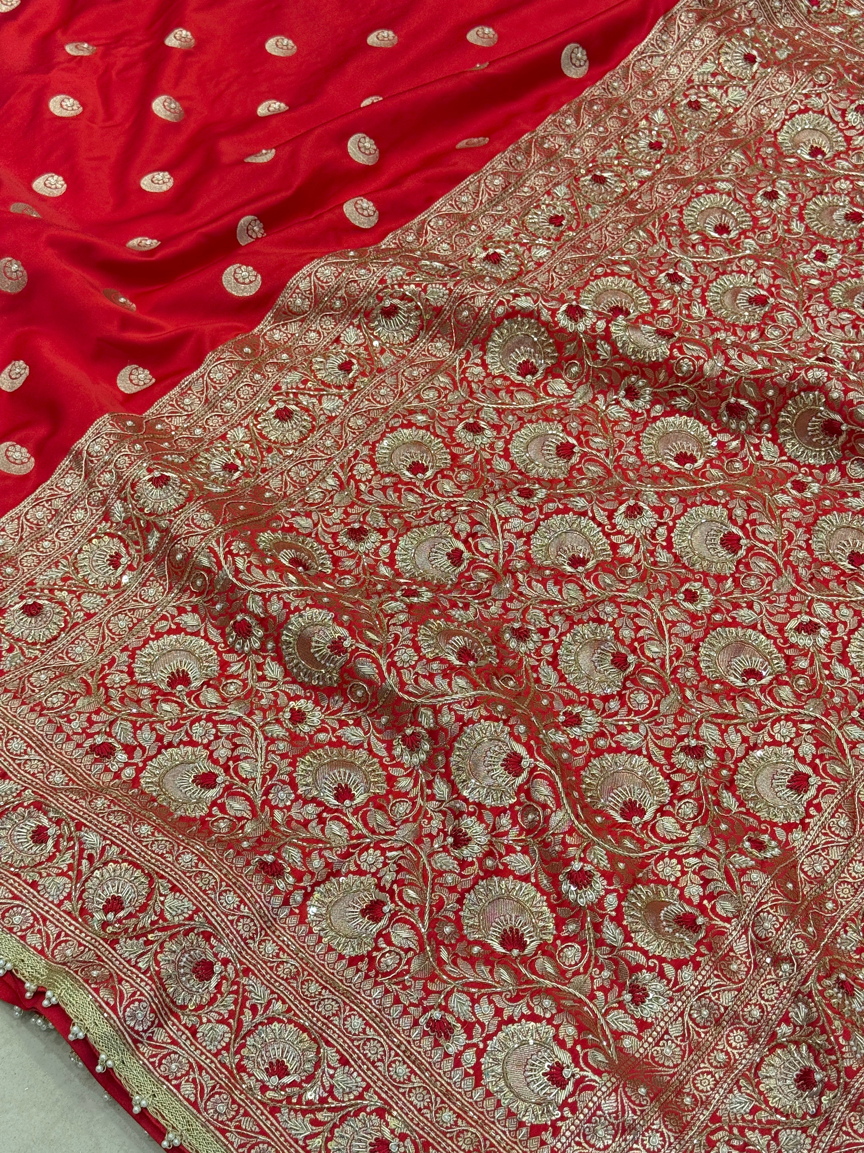 Red Banarasi Silk Chand Butta Resham Hand Embroidery Saree