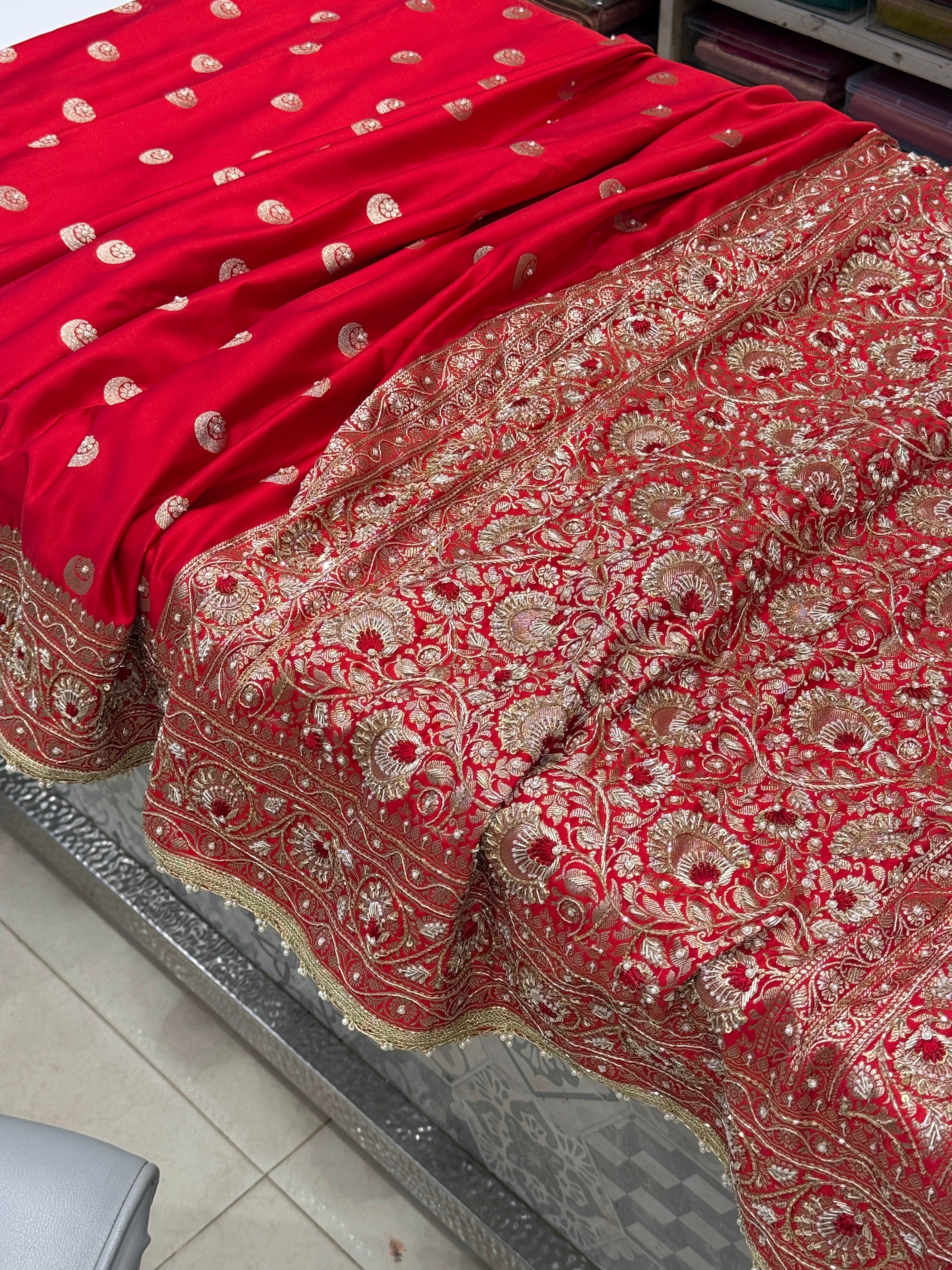 Red Banarasi Silk Chand Butta Resham Hand Embroidery Saree
