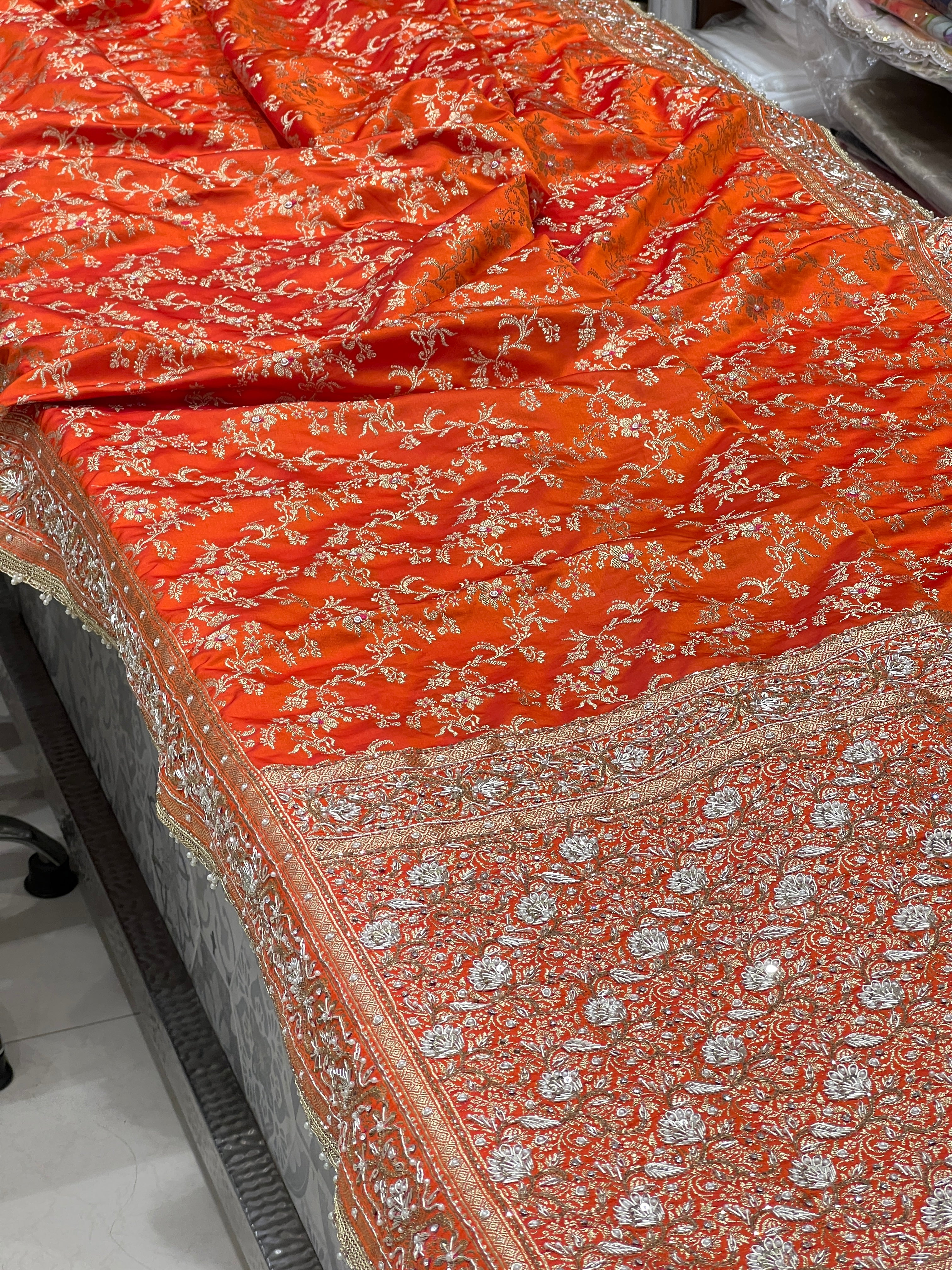 Orange Banarasi Silk Zardozi Hand Embroidery Saree