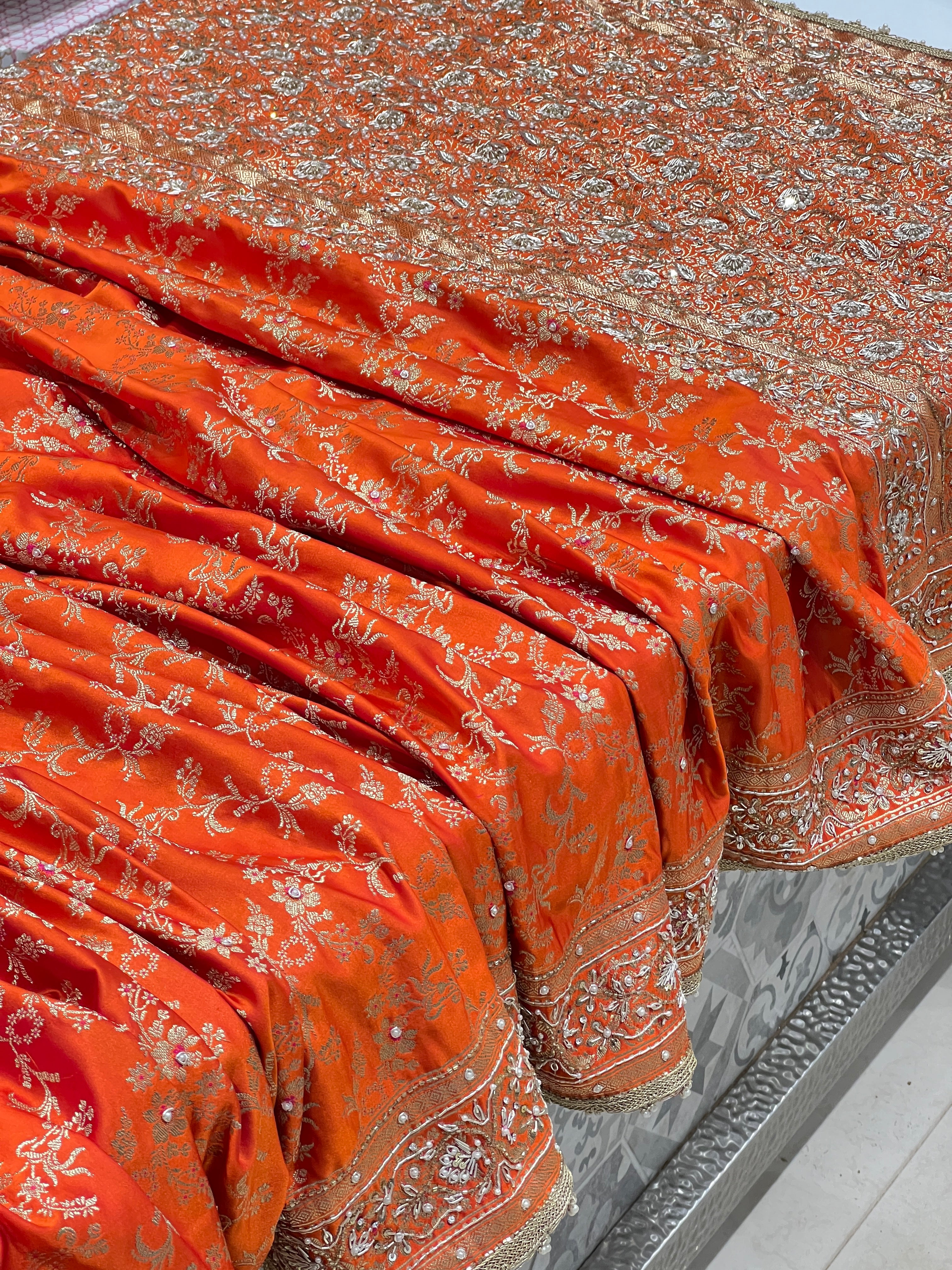Orange Banarasi Silk Zardozi Hand Embroidery Saree