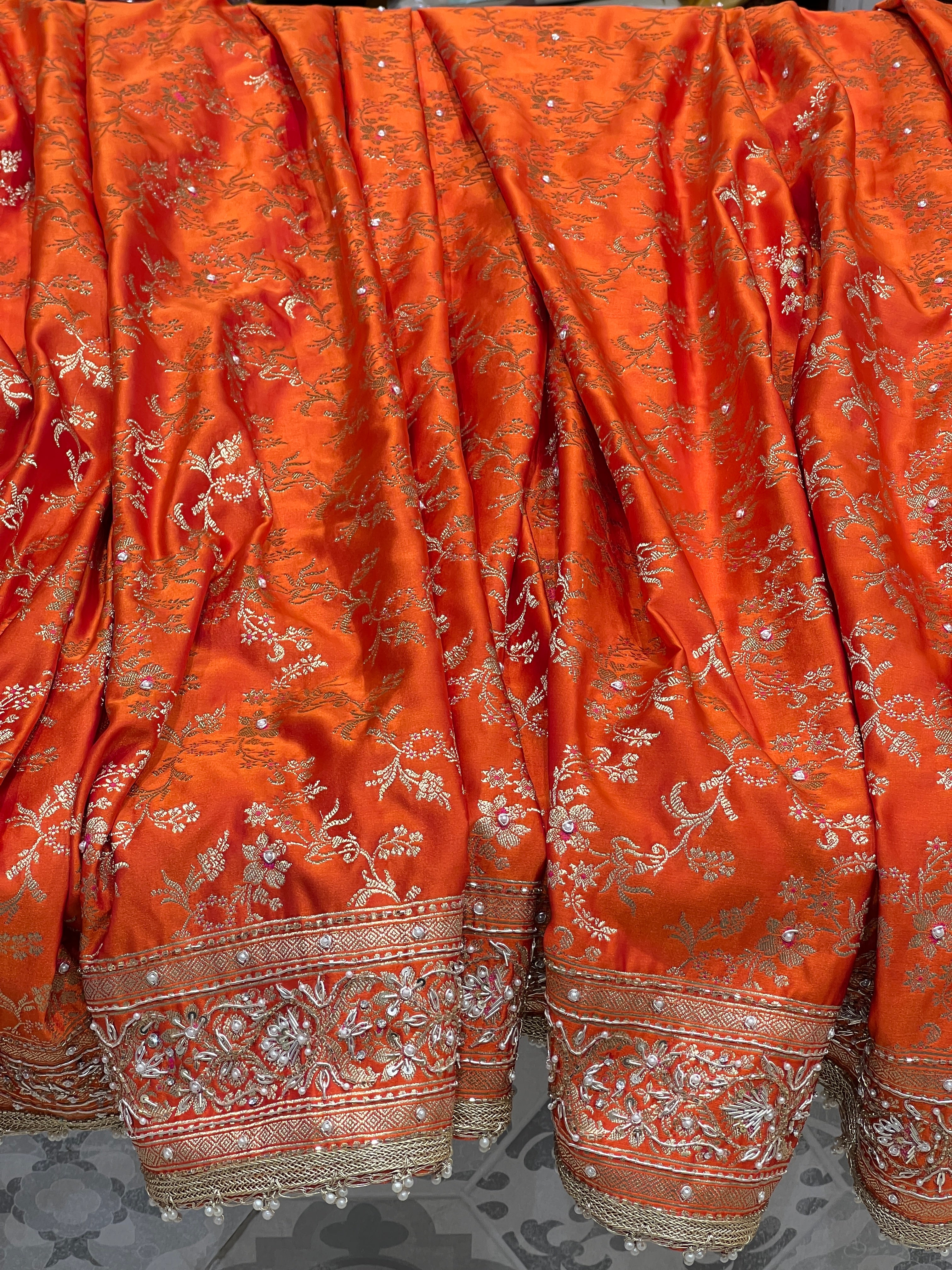 Orange Banarasi Silk Zardozi Hand Embroidery Saree