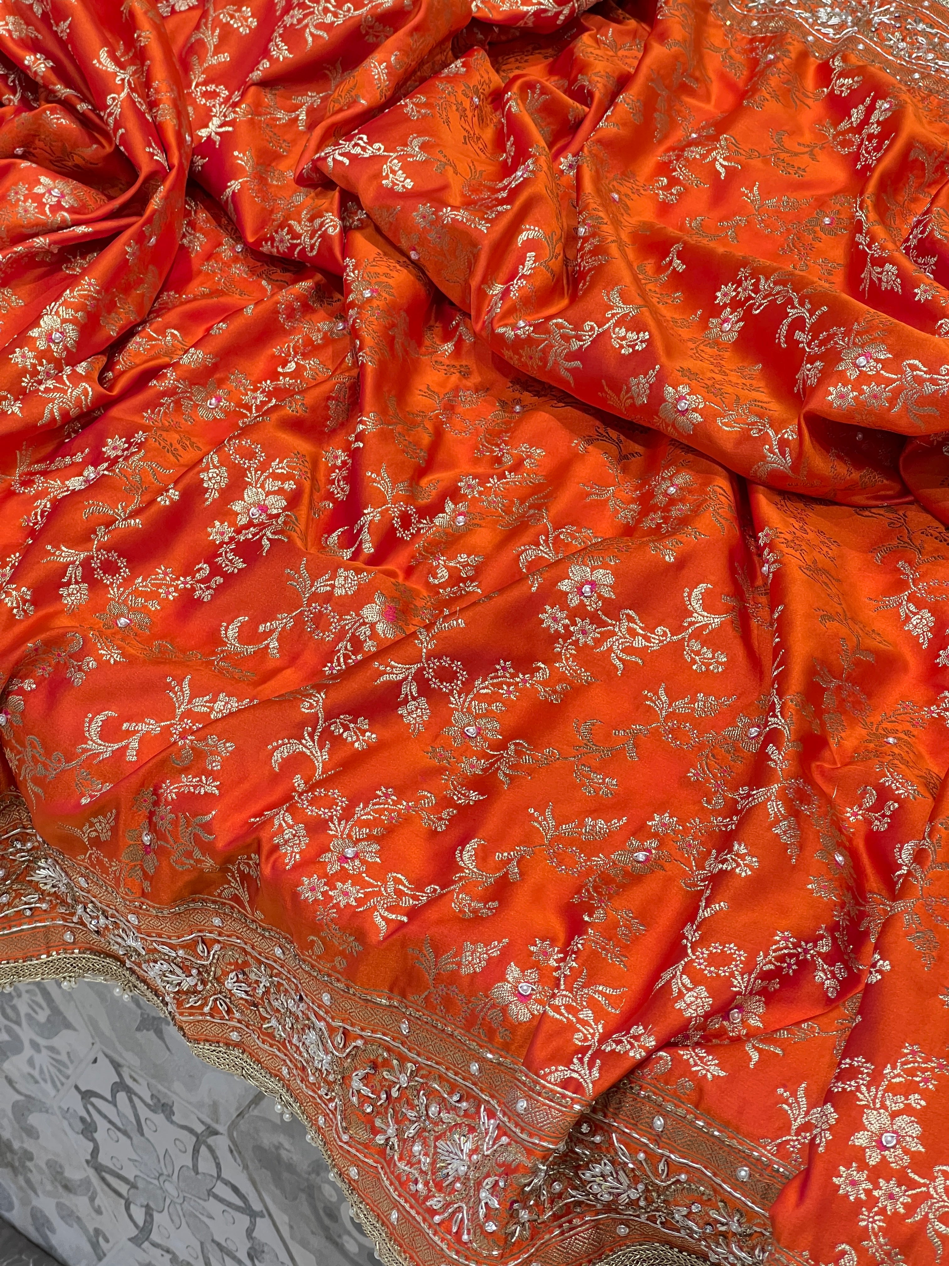 Orange Banarasi Silk Zardozi Hand Embroidery Saree