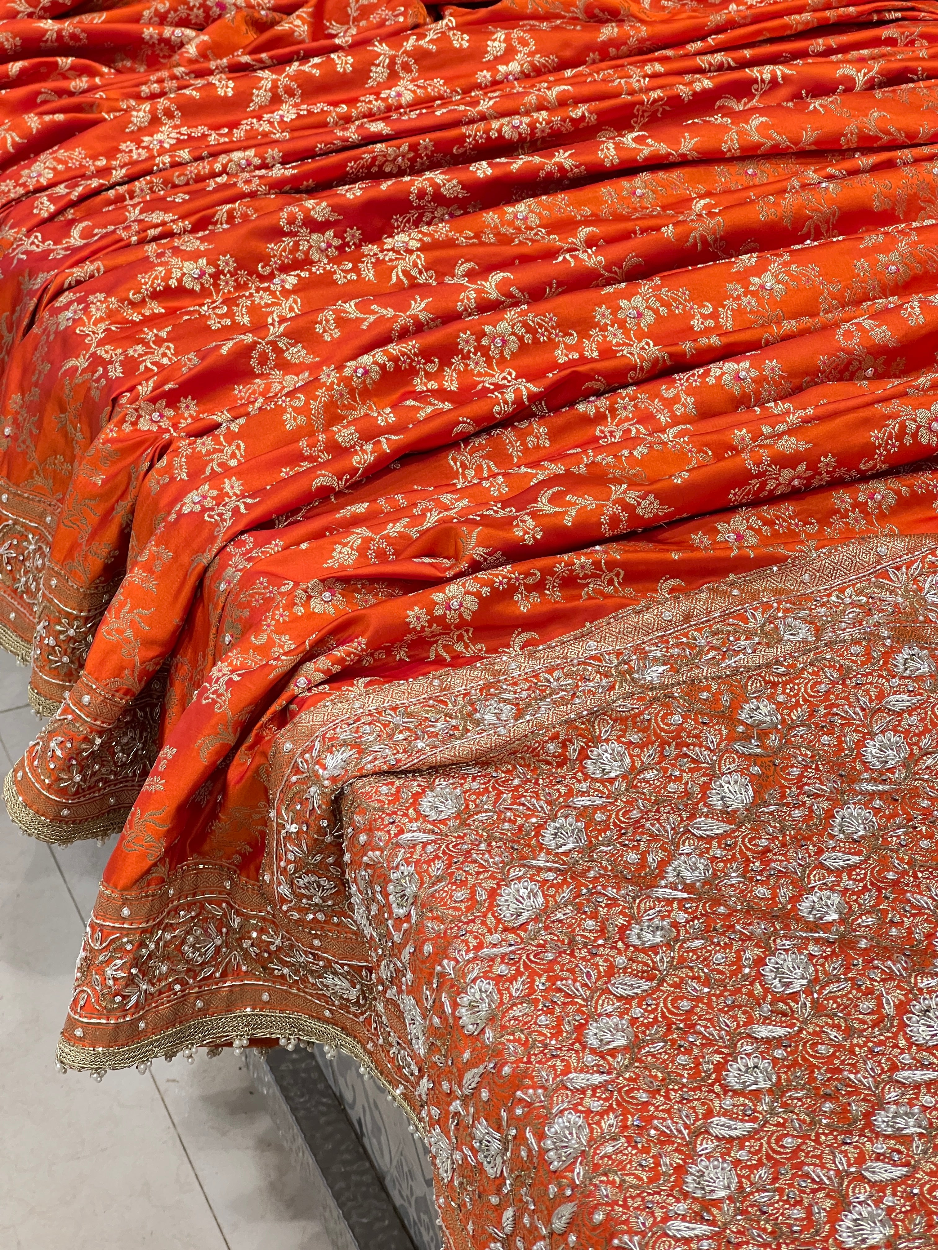 Orange Banarasi Silk Zardozi Hand Embroidery Saree