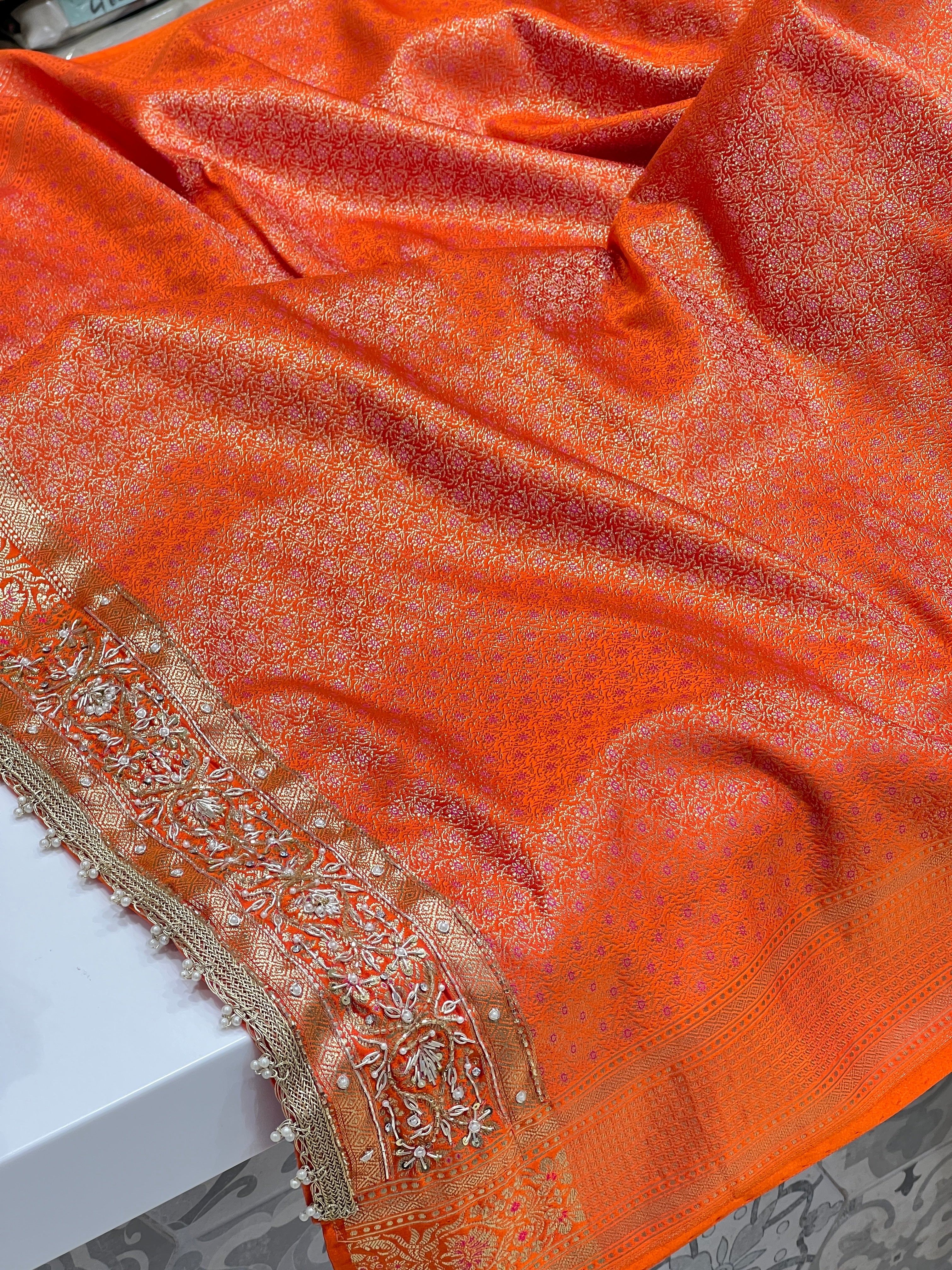 Orange Banarasi Silk Zardozi Hand Embroidery Saree