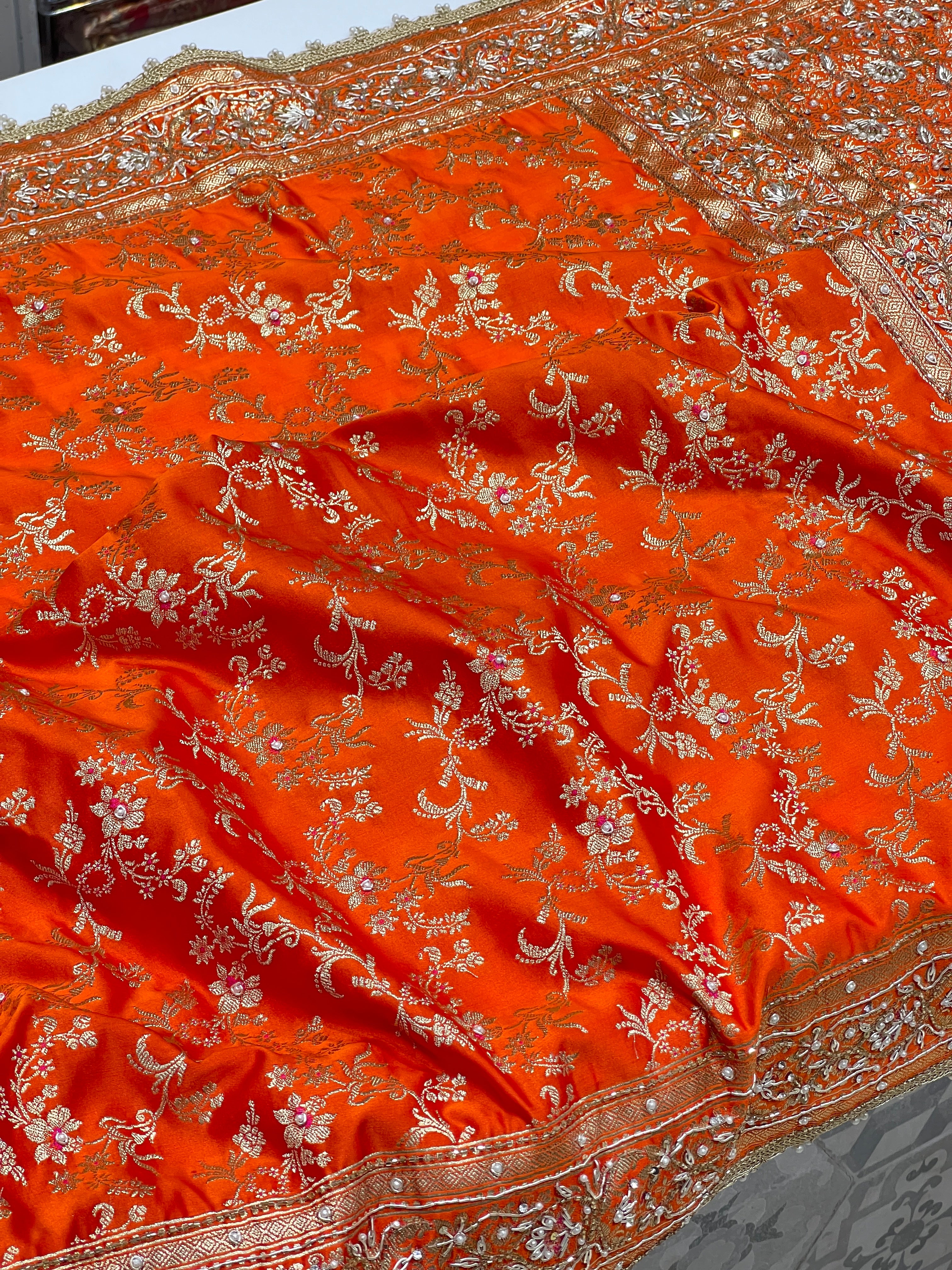 Orange Banarasi Silk Zardozi Hand Embroidery Saree